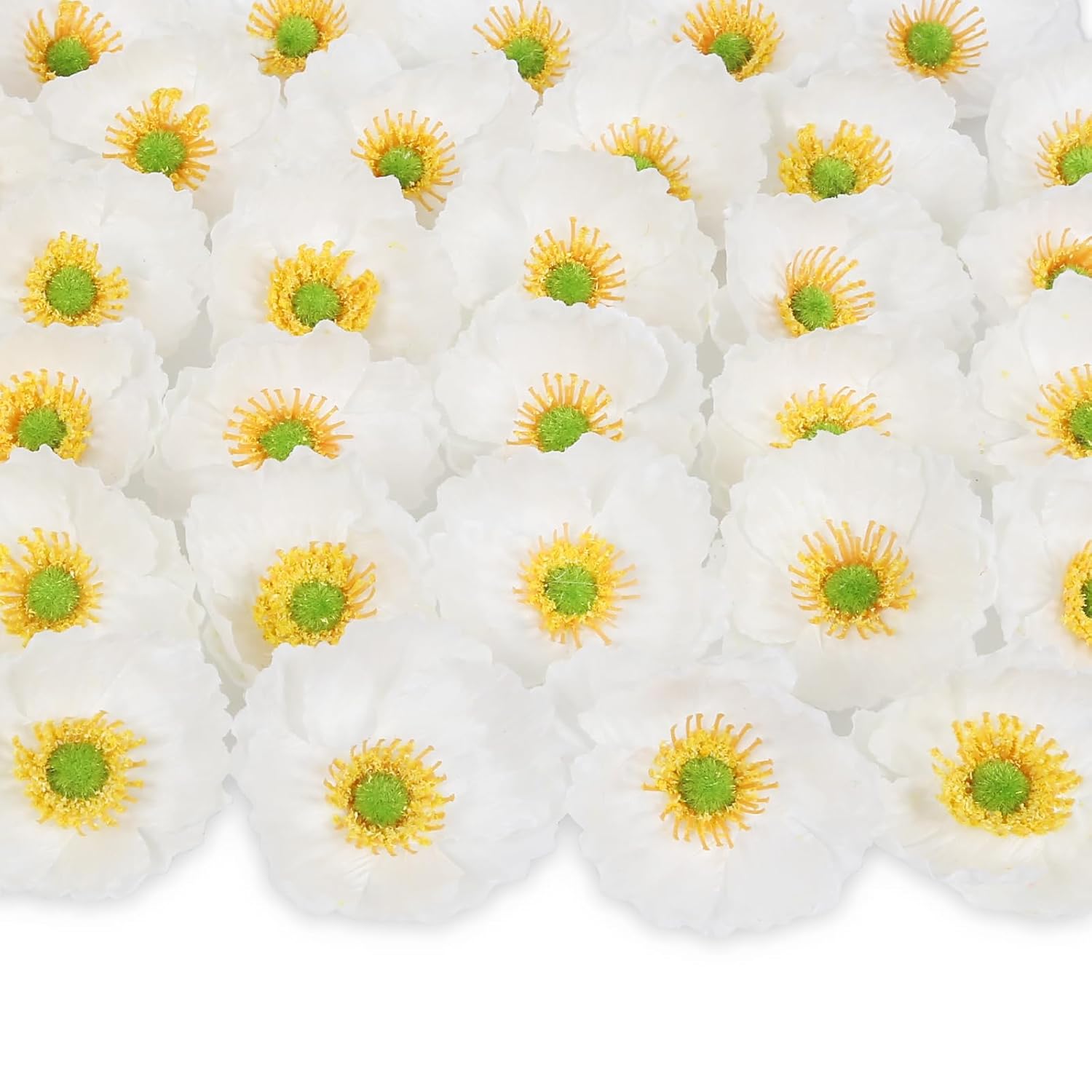 White Poppy Flowers Bulk 50Pcs Silk Poppy Flowers Heads 2" Stemless Faux Flowers Wildflowers Artificial Flowers For Wedding Home Corsages Party Centerpiece Decor(White)