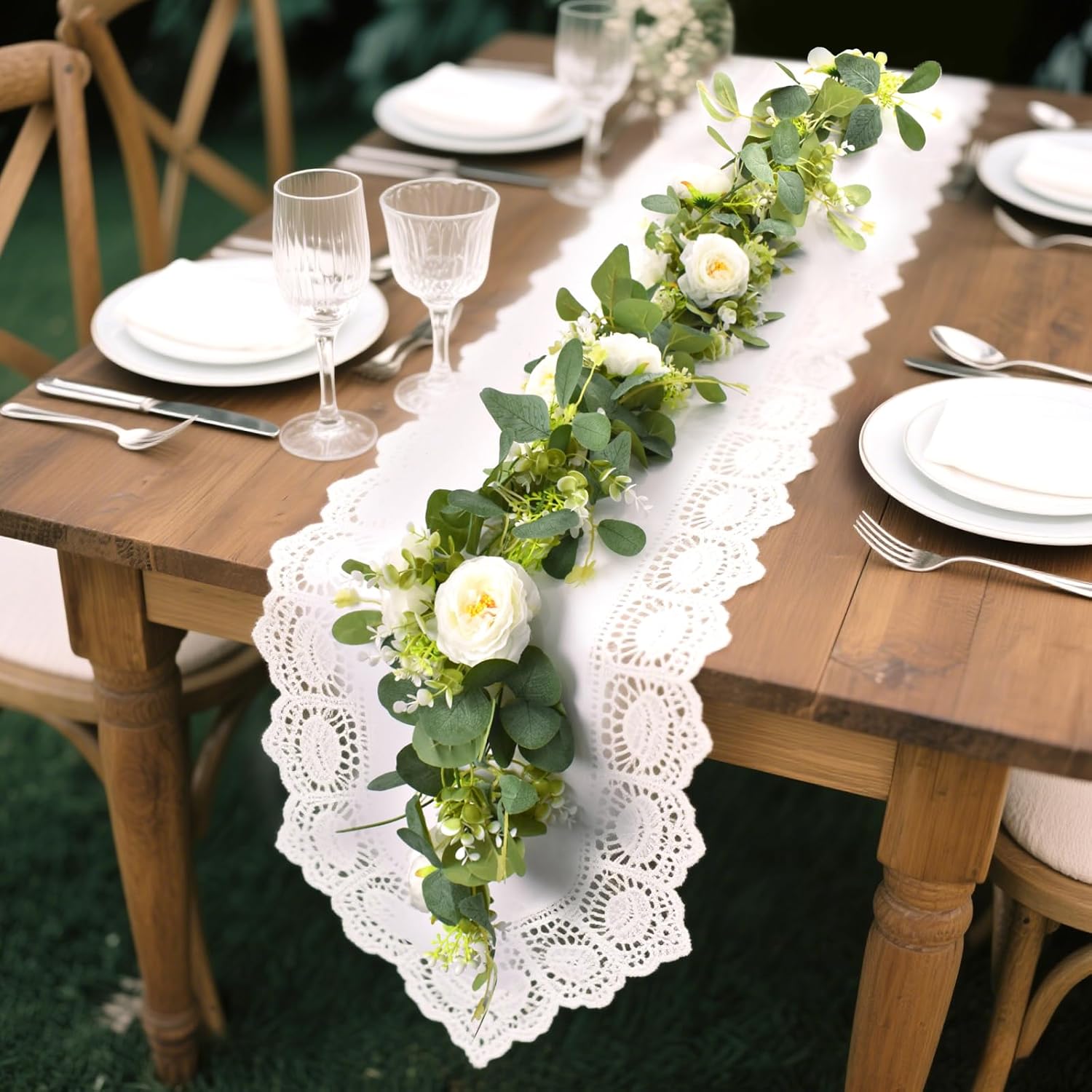6Ft Artificial Eucalyptus Flower Garland,Flower Garlands With 6 White Roses,Eucalyptus Garland With Flowers Use For Wedding/Table/Backdrop/Arch Birthday Party Indoor Outdoor Decor