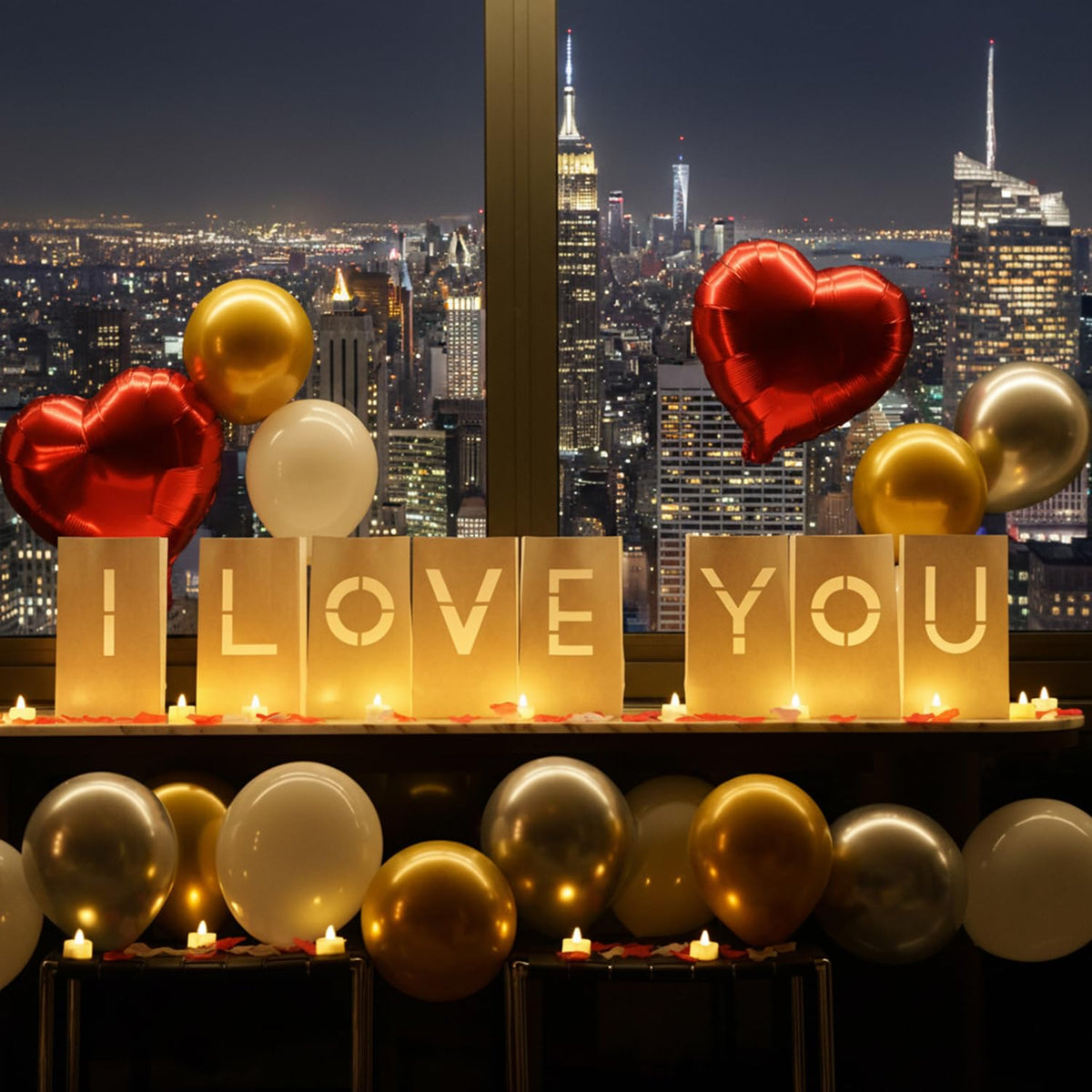 I Love You Light Up Letters Signs, Romantic Proposal Anniversary Valentines' Day Decorations With Luminary Paper Bags, 30 Led Tea Light Candles, Red Heart Balloons, Artificial Rose Petals
