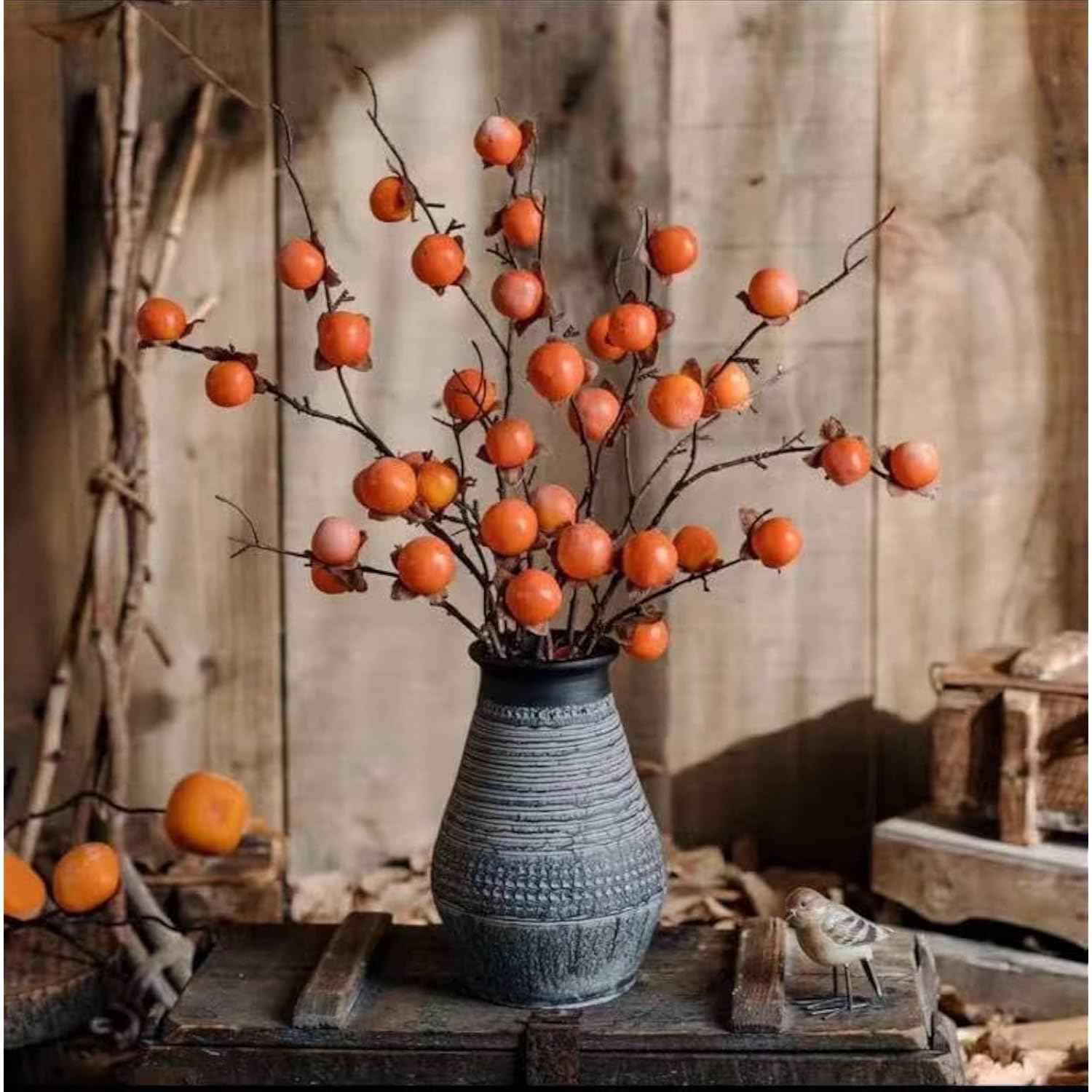 36 Inch Artificial Persimmon Fruit Stem, Set Of 2, Orange, For Home And Office Decor