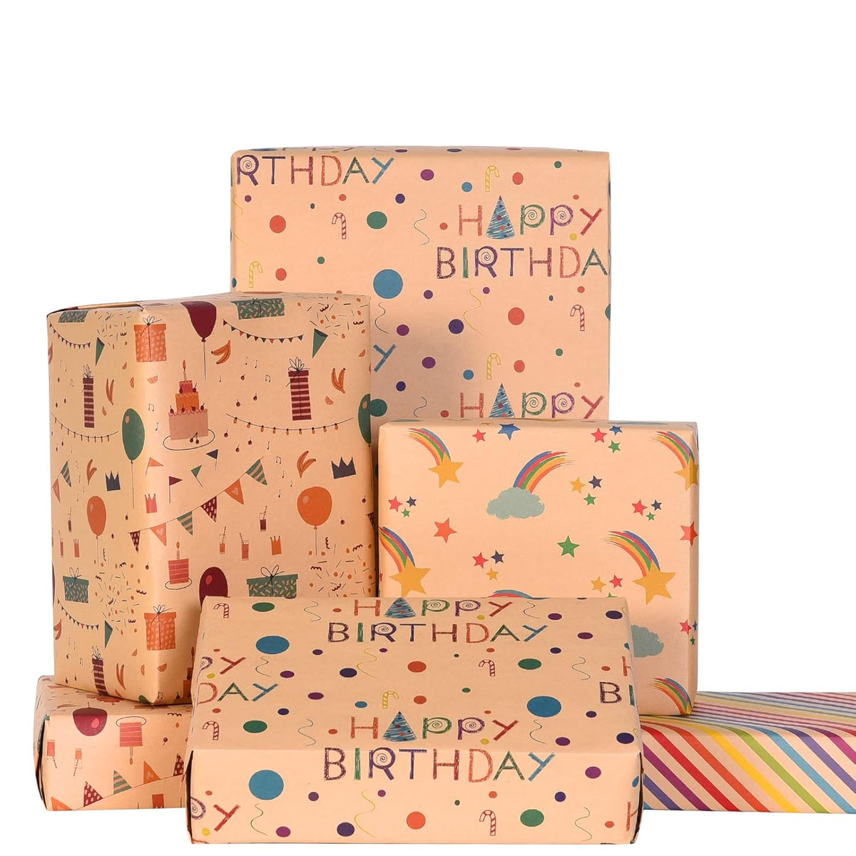 Birthday Wrapping Paper For Kids Girls Women Boys Men,12 Sheets Kraft Brown Recycled Gift Wrapping Paper 4 Styles Of ''Happy Birthday'' Balloon Rainbow Stars Precut 20" X 29" Folded