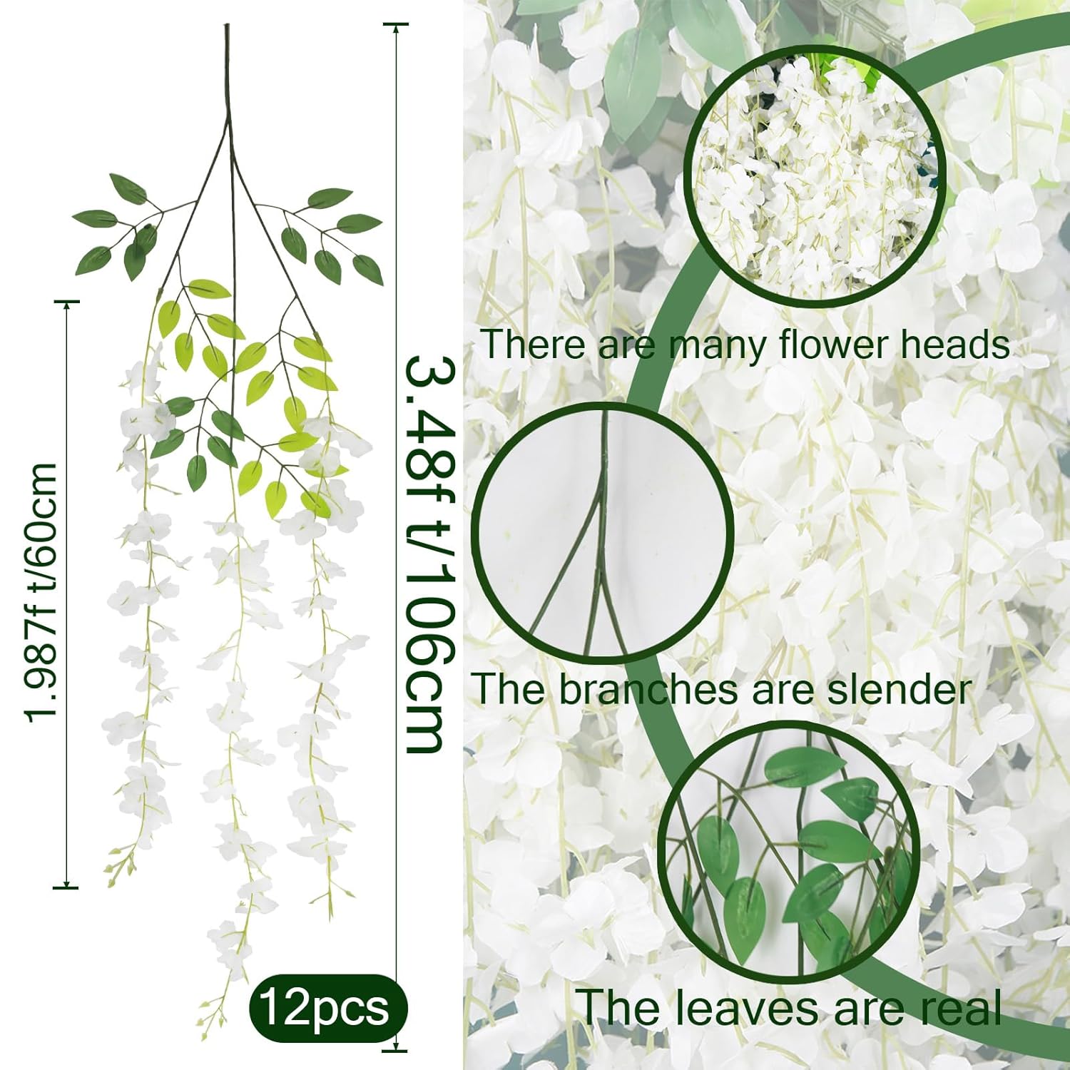 12 Pack Wisteria Hanging Flowers 3.7 Feet Faux Flowers Hanging White Artificial Hanging Flowers Garland Silk Wisteria Vine For Wedding Arch Party Bedroom Backdrop Home Wall Decoration