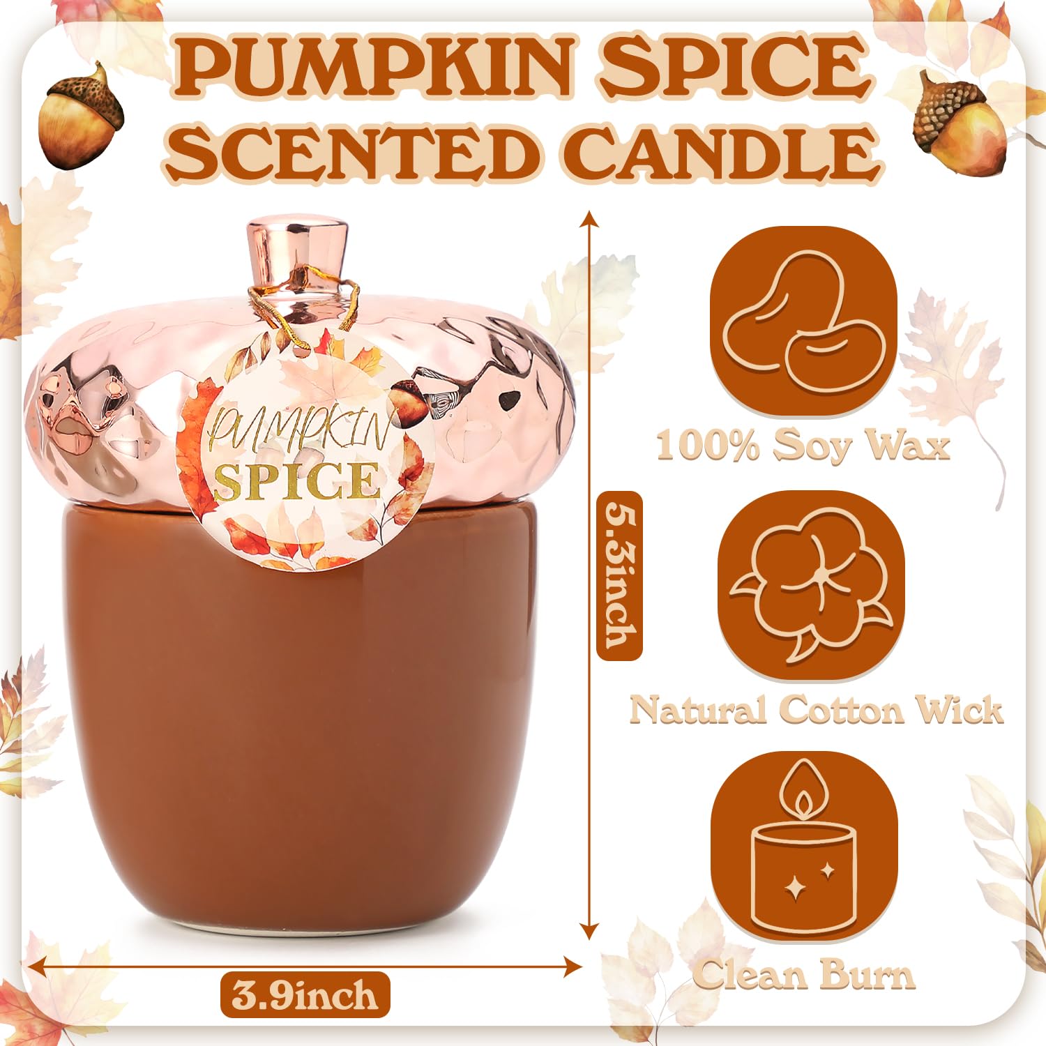 Thanksgiving Scented Candle, Pumpkin Spice Scented Candle, 6Oz Acorn Shaped Candles, Ceramic Jar Candles, Autumn & Thanksgiving Gift, Cozy Home Gift