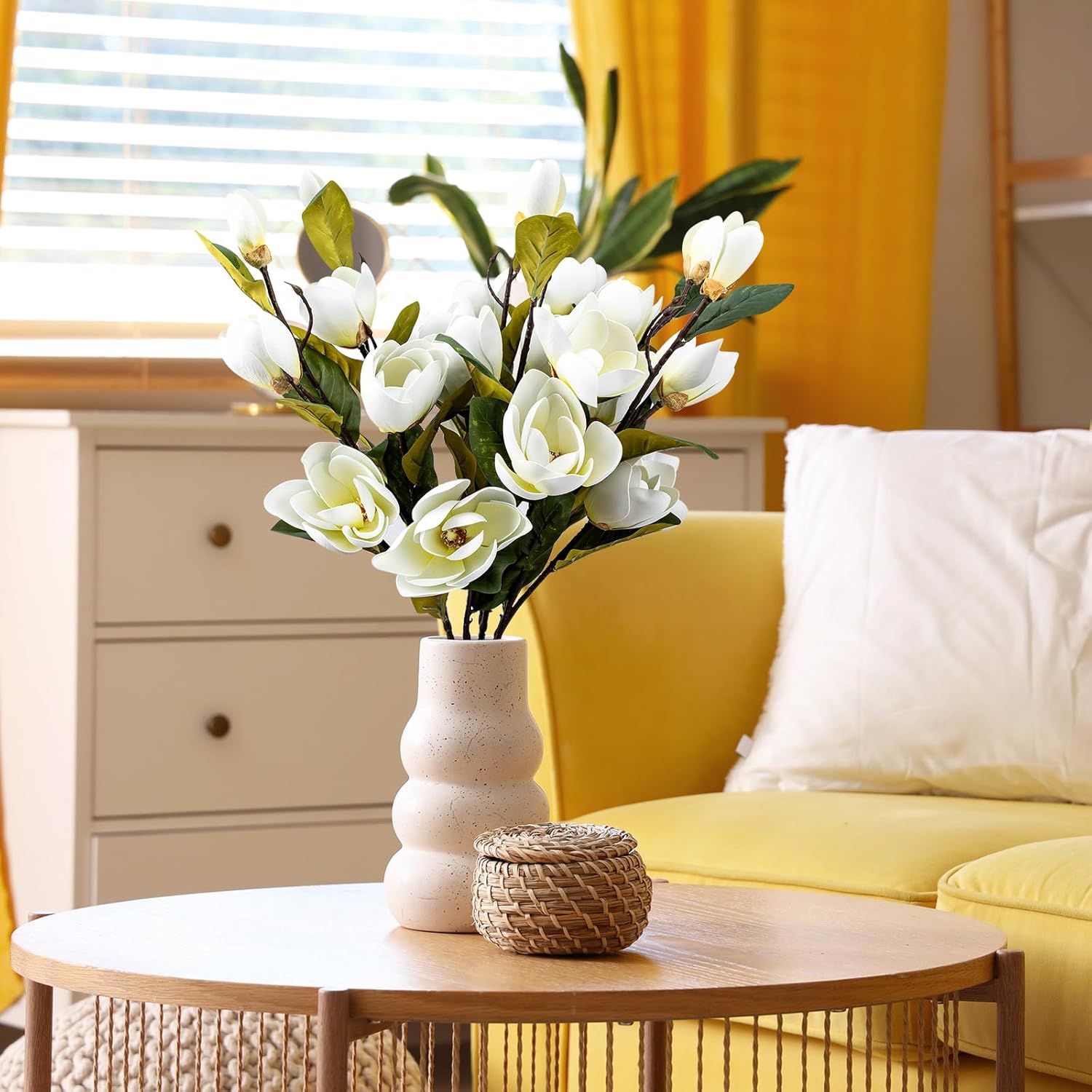 2 Pcs 41Inch Artificial Magnolia Flowers 3D Real Touch 8 Heads Faux Magnolia Flowers Realistic Long Stem With Green Leaves For Home Wedding Table Office Floral Arrangement Decoration (White)
