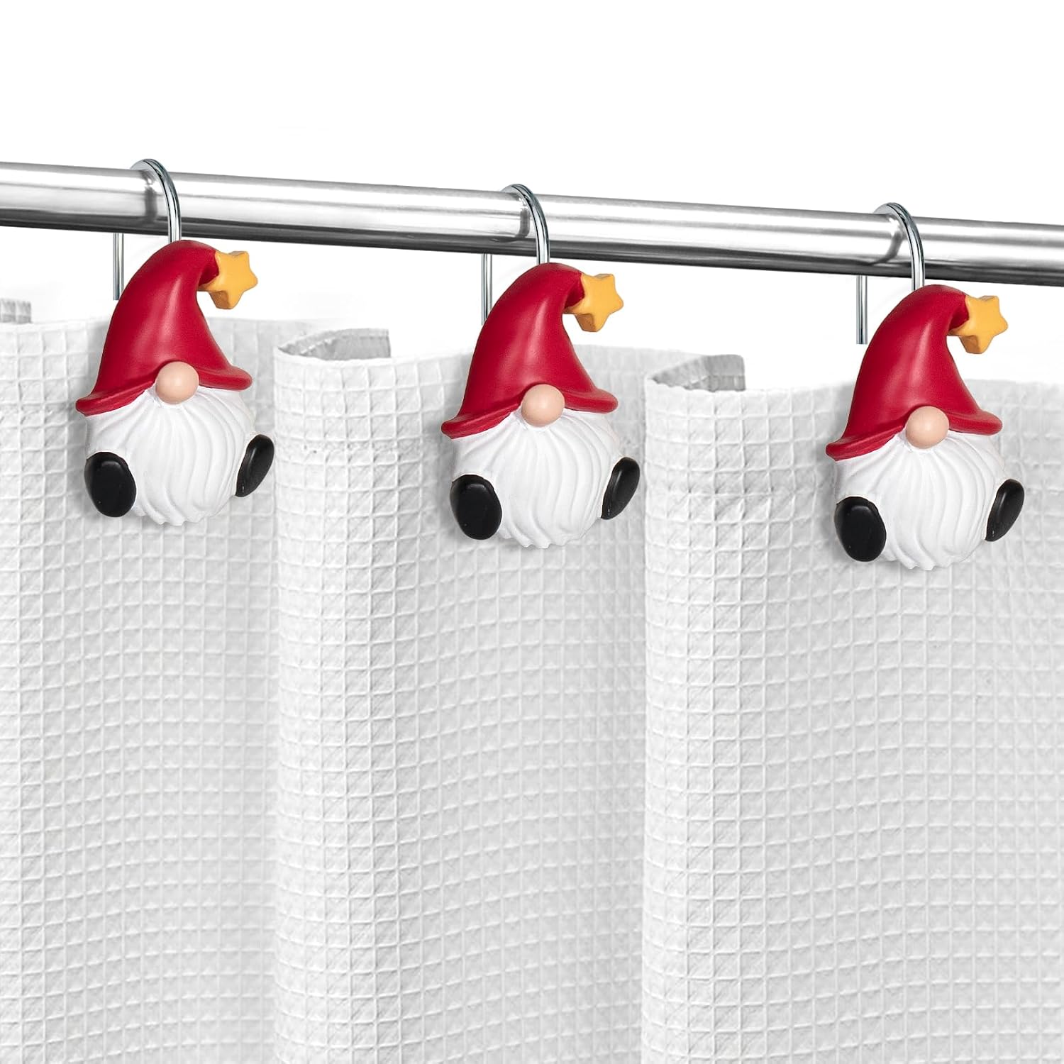 Christmas Shower Curtain Hooks, Gnome Shower Curtain Rings, Hand Painted Resin Christmas Decor, Winter Bathroom Decoration, Red Hat With Yellow Star, Set Of 12