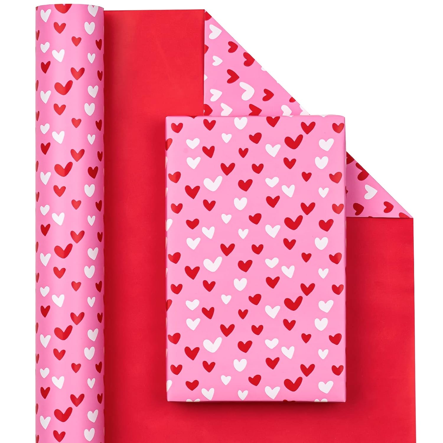 Reversible Valentine'S Day Wrapping Paper - Mini Roll - 17 Inch X 33 Feet - Pink And Red Heart Design For Valentine'S Day, Anniversary, Birthday, Wedding, Baby Shower