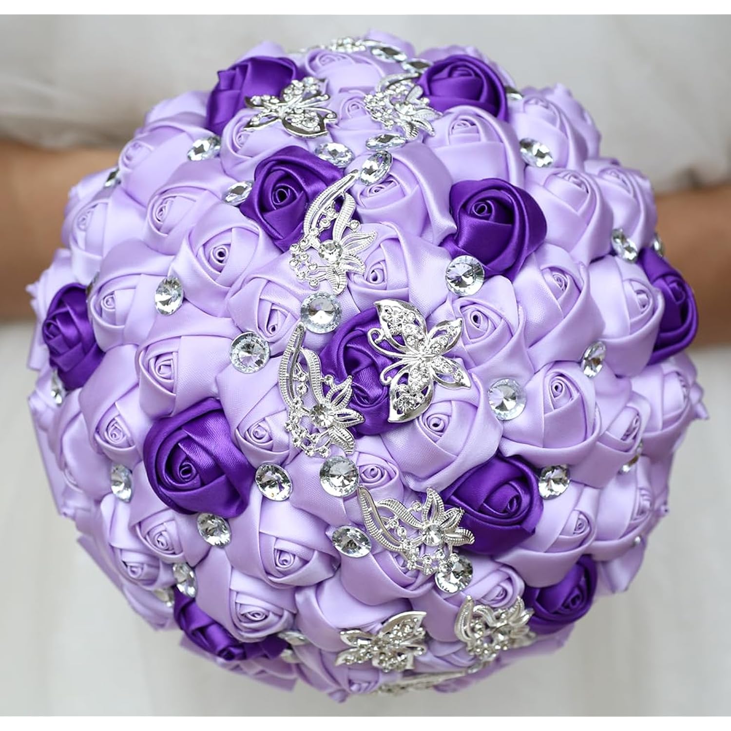 7.1" Handmade Satin Rose Bridal Bouquet Toss Round Wedding Bouquet Throw Toss Artificial Flower Bunch Light Purple + Purple