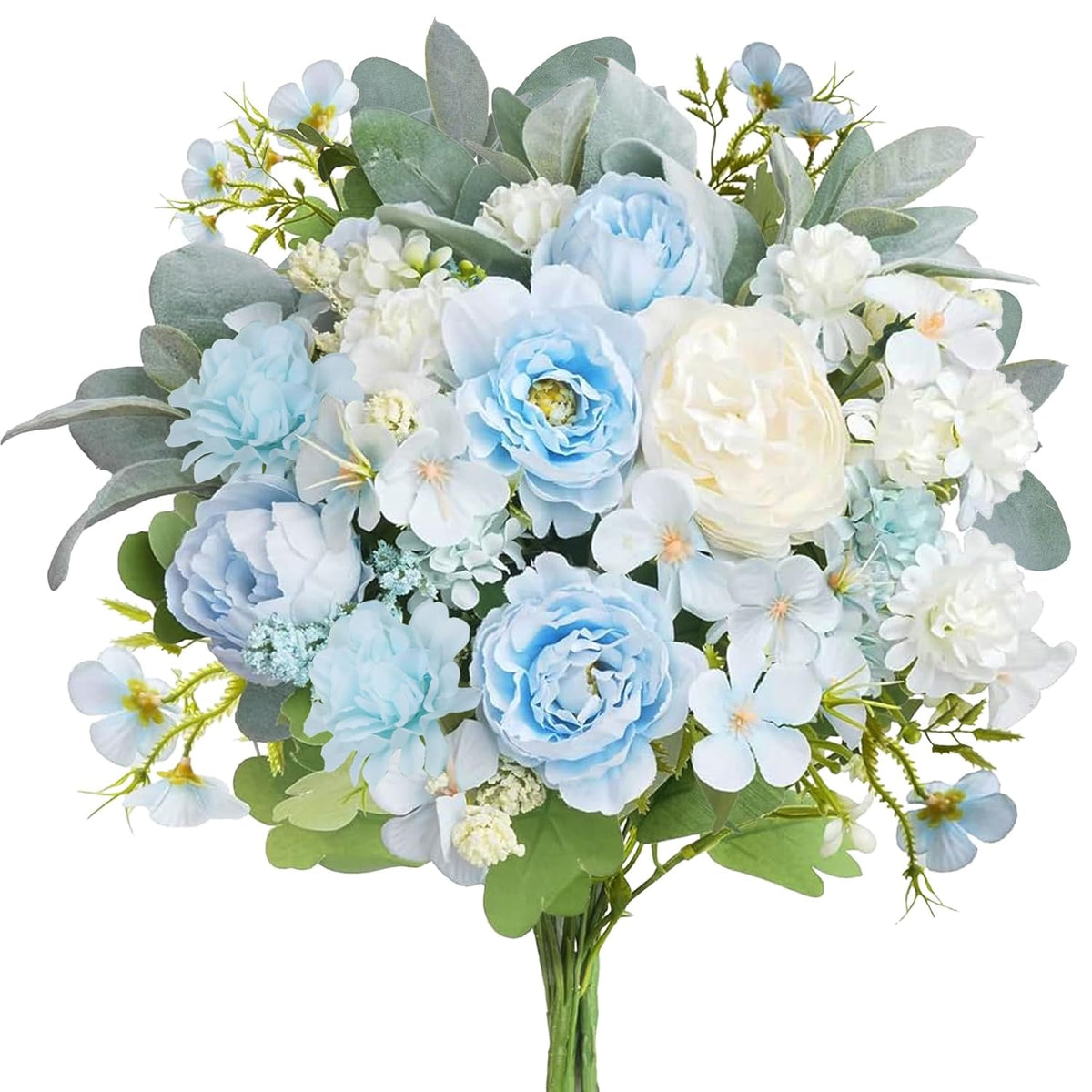 Fake Peonies Artificial Flowers, Baby Blue Silk Bouquets With Ball Chrysanthemum Peony Cineraria, Spring Faux Floral Arrangements For Home Table Centerpiece Grave Flowers For Cemetery