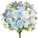 Fake Peonies Artificial Flowers, Baby Blue Silk Bouquets With Ball Chrysanthemum Peony Cineraria, Spring Faux Floral Arrangements For Home Table Centerpiece Grave Flowers For Cemetery