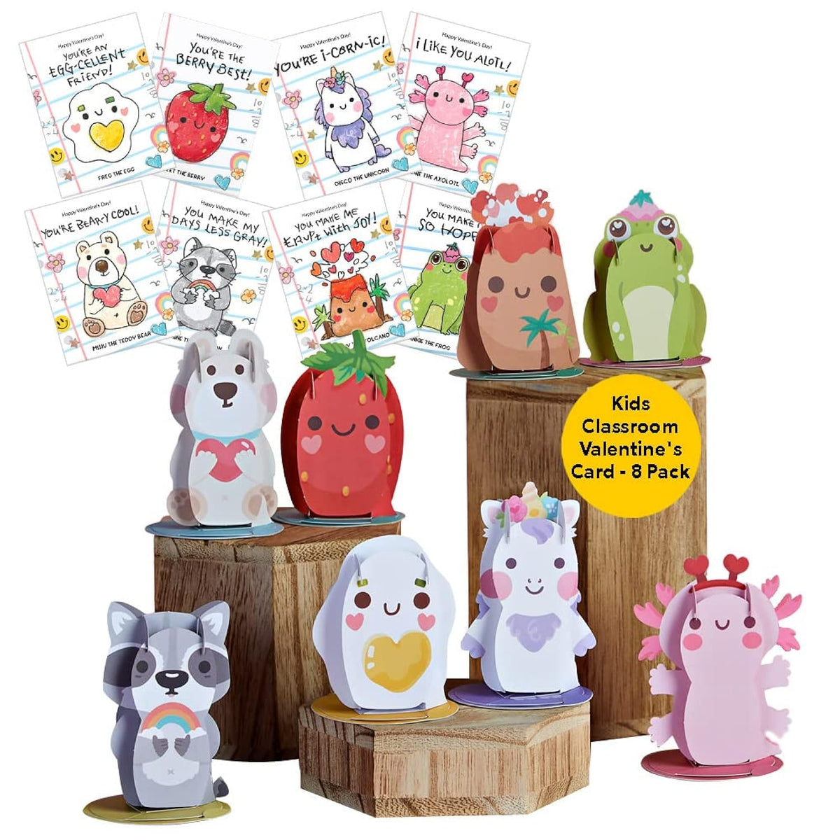 Valentines Day Card For Kids, Boys, Girls - 3D Classroom Pop-Up Cards - Cute Animals Gift Exchange Cards - 8 Pack - Blank Notecard & Envelope Included