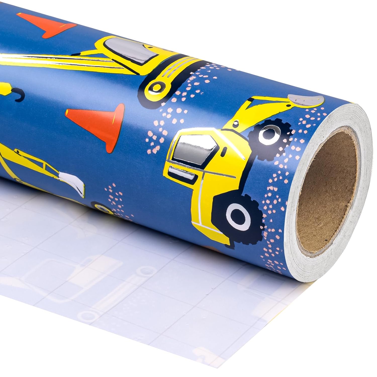 Construction Wrapping Paper Roll - Mini Roll - 17 Inch X 16.5 Feet - Silver Foil Digger Tractor Truck Design Perfect For Kids Boys Birthday, Baby Shower