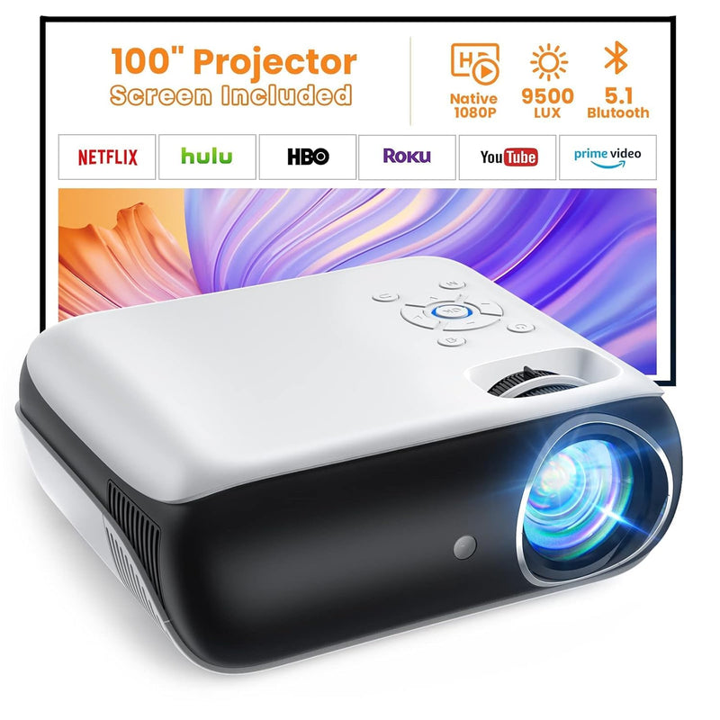 Projector, Native 1080P Bluetooth Projector With 100''Screen, 9500L Portable O