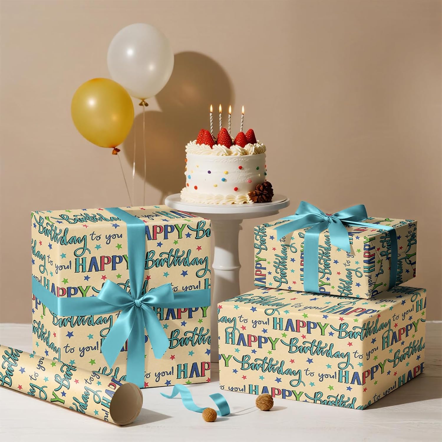Birthday Wrapping Paper Roll, Mini Roll, Colorful Happy Birthday Lettering And Star Design, Blue Kraft Gift Wrap Paper For Boys, Girls, Men And Women, 17 Inches X 16.4 Feet