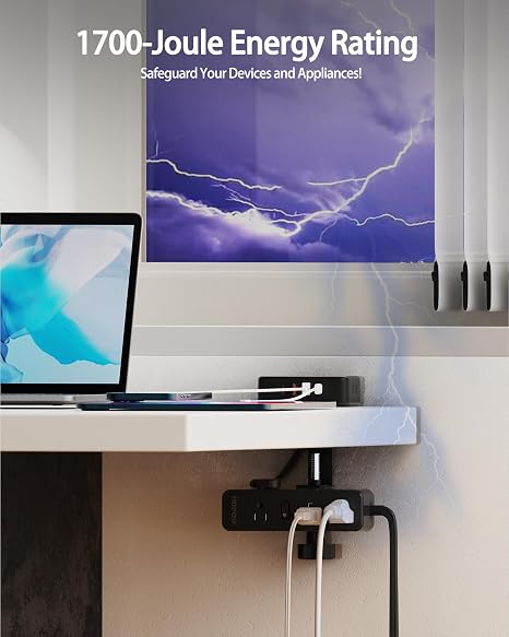 Desk Clamp Power Strip 13 Outlets 4 USB Ports 1700J 10FT Extension Cord Black