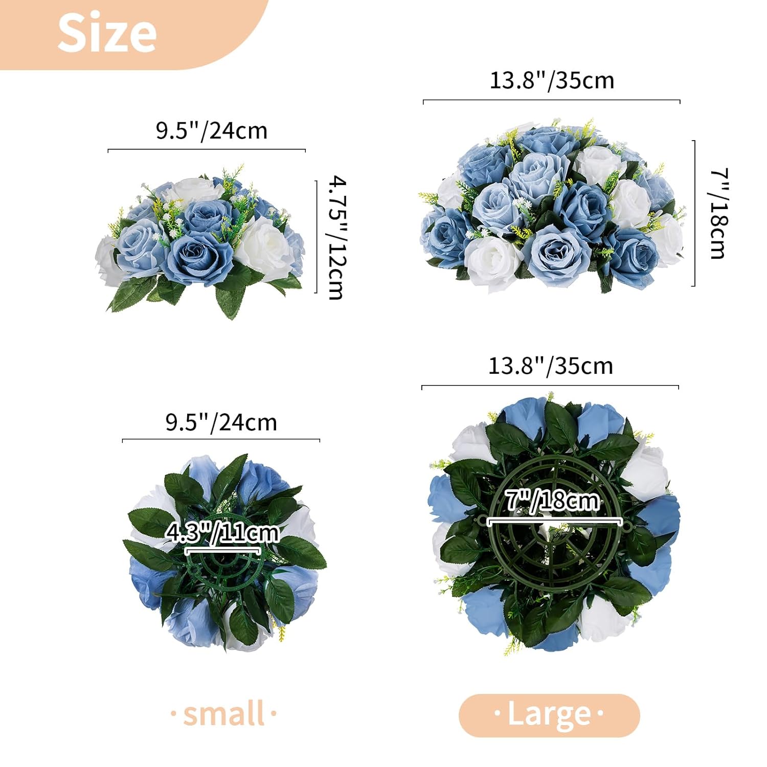 Large Artificial Flower Centerpieces - 2 Pcs 13.8In Diameter Dusty Blue & White Fake Flowers Roses Balls - Silk Faux Rose Arrangement For Tables Wedding Party Centerpiece Table Decorations