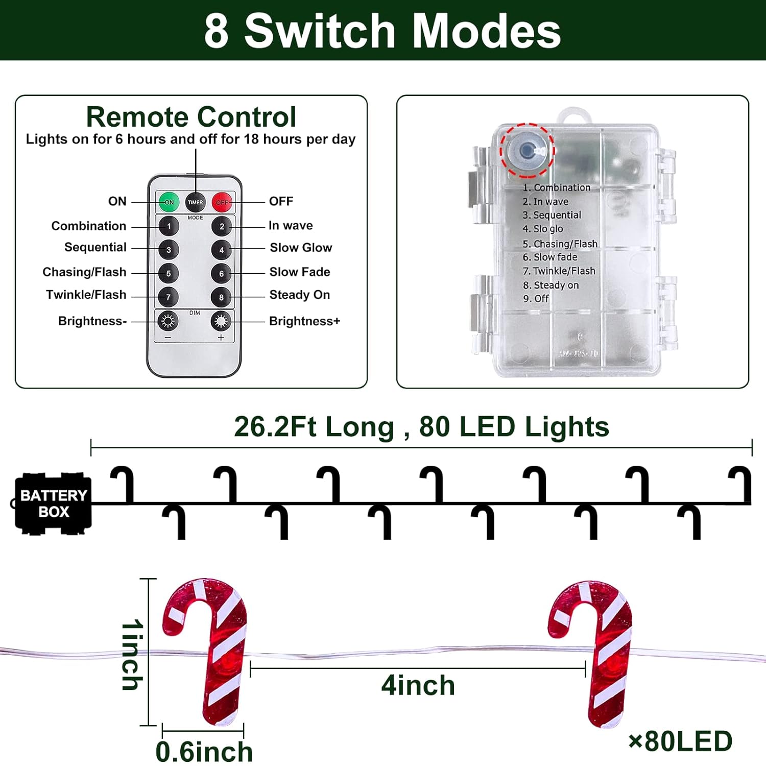 26.2 Ft 80 Led Candy Cane String Lights Christmas Decor Battery Operated Fairy Lights Remote Control With Timer 8 Modes