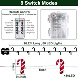 26.2 Ft 80 Led Candy Cane String Lights Christmas Decor Battery Operated Fairy Lights Remote Control With Timer 8 Modes