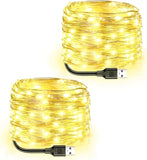 2 Pack USB Powered Fairy Lights 33FT 100 LED Warm White Silver Wire String Lights for Bedroom Christmas Tree Camping Indoor Decor