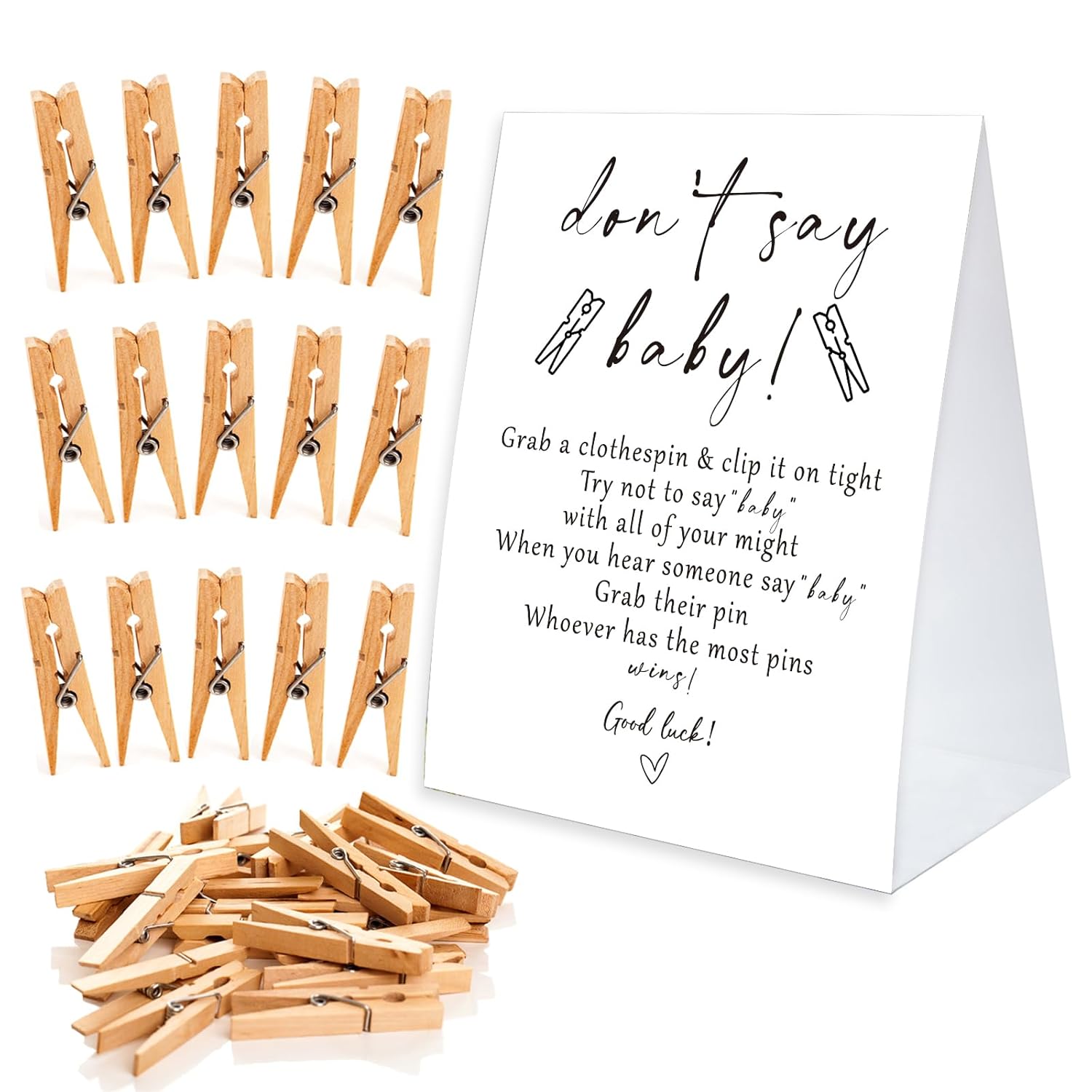 Don'T Say Baby Game For Baby Shower Clothespin Game, One 5X7 Coated Paper Sign And 50 Natural Clothespins, Minimal Style, Gender Neutral -Ndsbb08