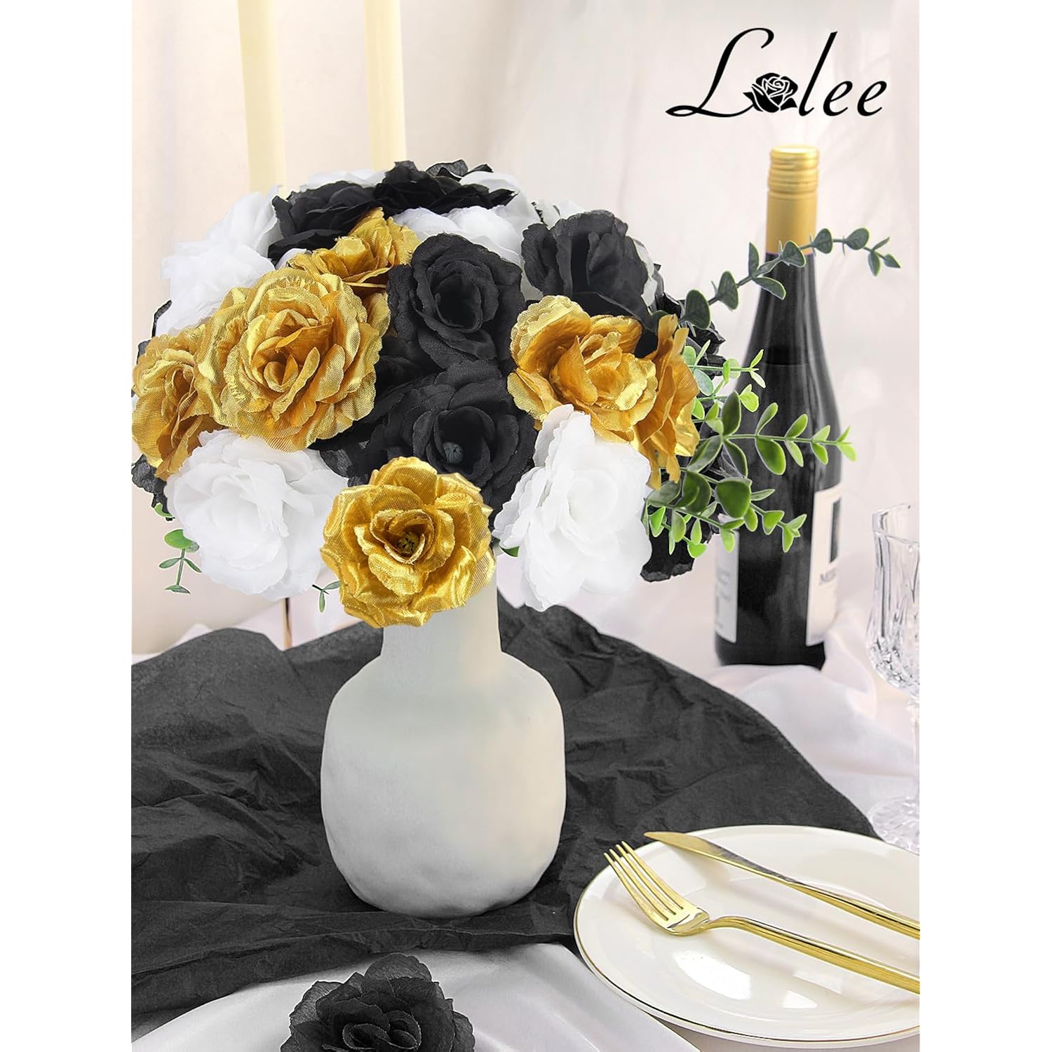 108Pcs Roses Head Flowers With Stem - Black Gold White Graduation Artificial Flowers Rose Bulk - Silk Rose Fake Flower For Birthday Wedding Baby Shower Centerpieces Gold Theme Grad Party Tables Decor