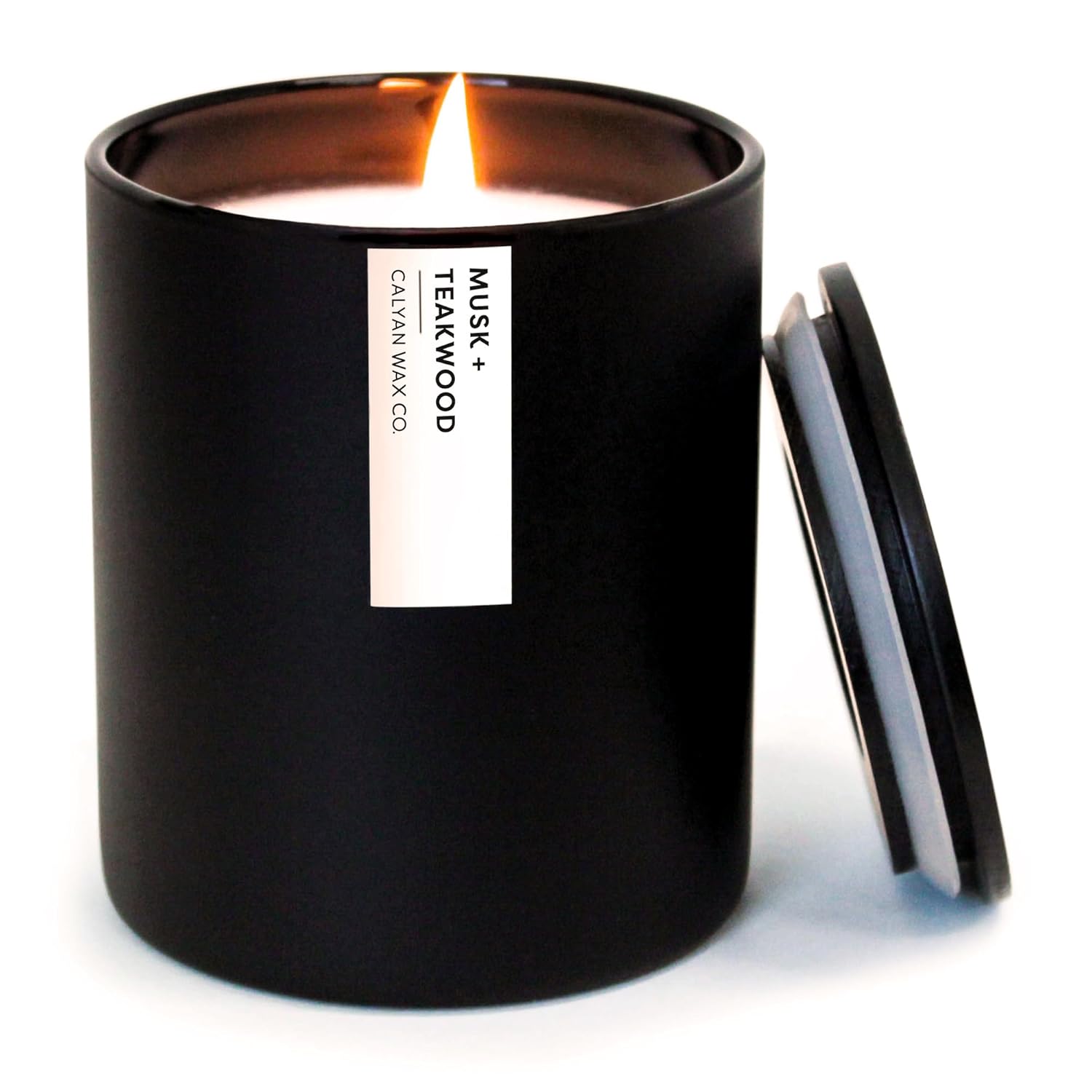 Musk & Teakwood Scented Candle - 75 Hour Burn - Luxury Non Toxic Soy Wax Candles - Long Lasting Black Tumbler Jar Candle For Home - 10.2Oz