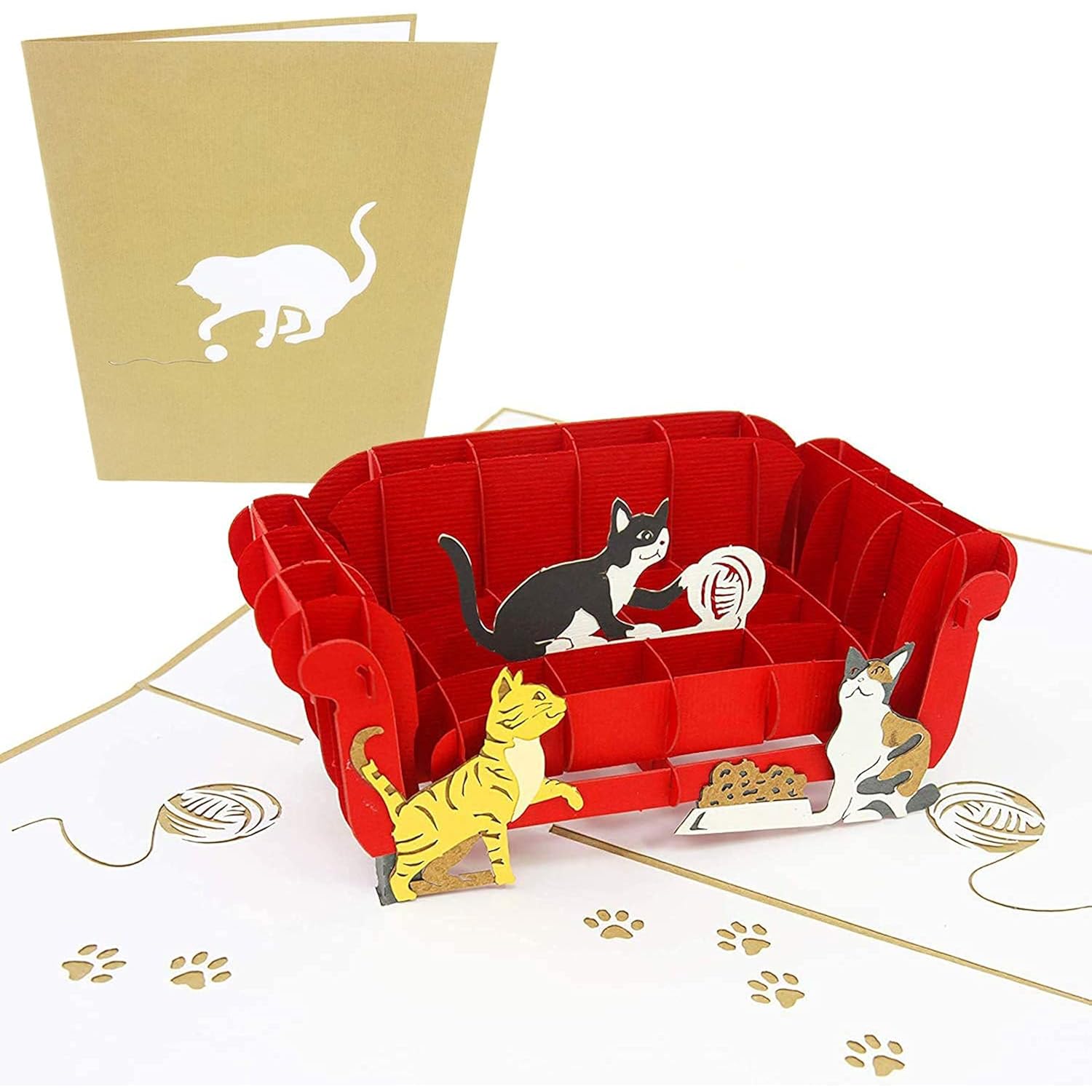 Cats Playing On Couch 3D Pop Up Card - Papercraft Greeting Card For Cat Lovers, Mother'S Day, Birthday, Anniversary, Thank You, Get Well - For Kitty Parents - Envelope Included