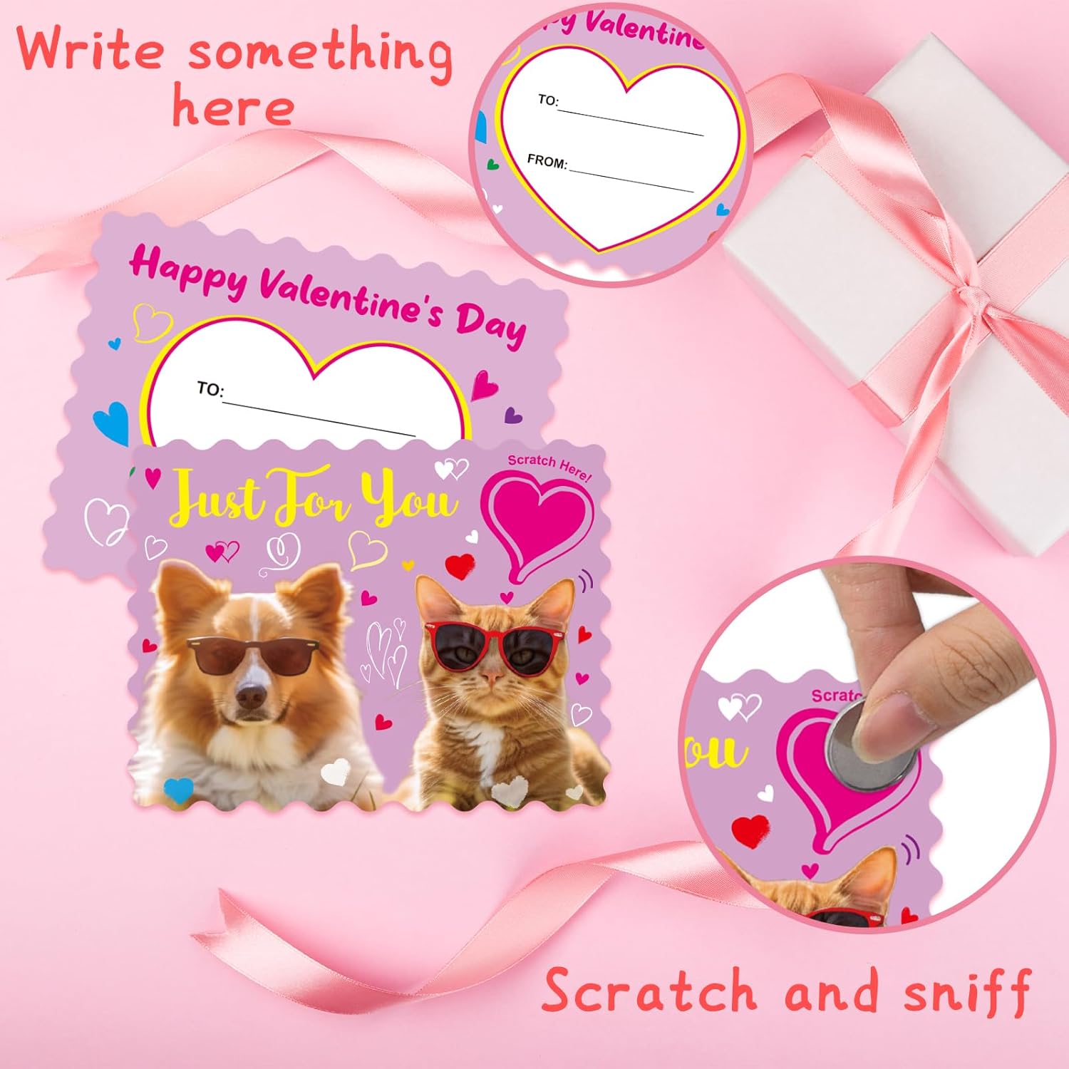 Valentines Cards Scratch Sniff Kitten Card Valentine Strawberry Scented Pet Notecard With Envelopes Stickers For Kids Boys Girls School Classroom Party Favors Exchange Supplies 28Pcs