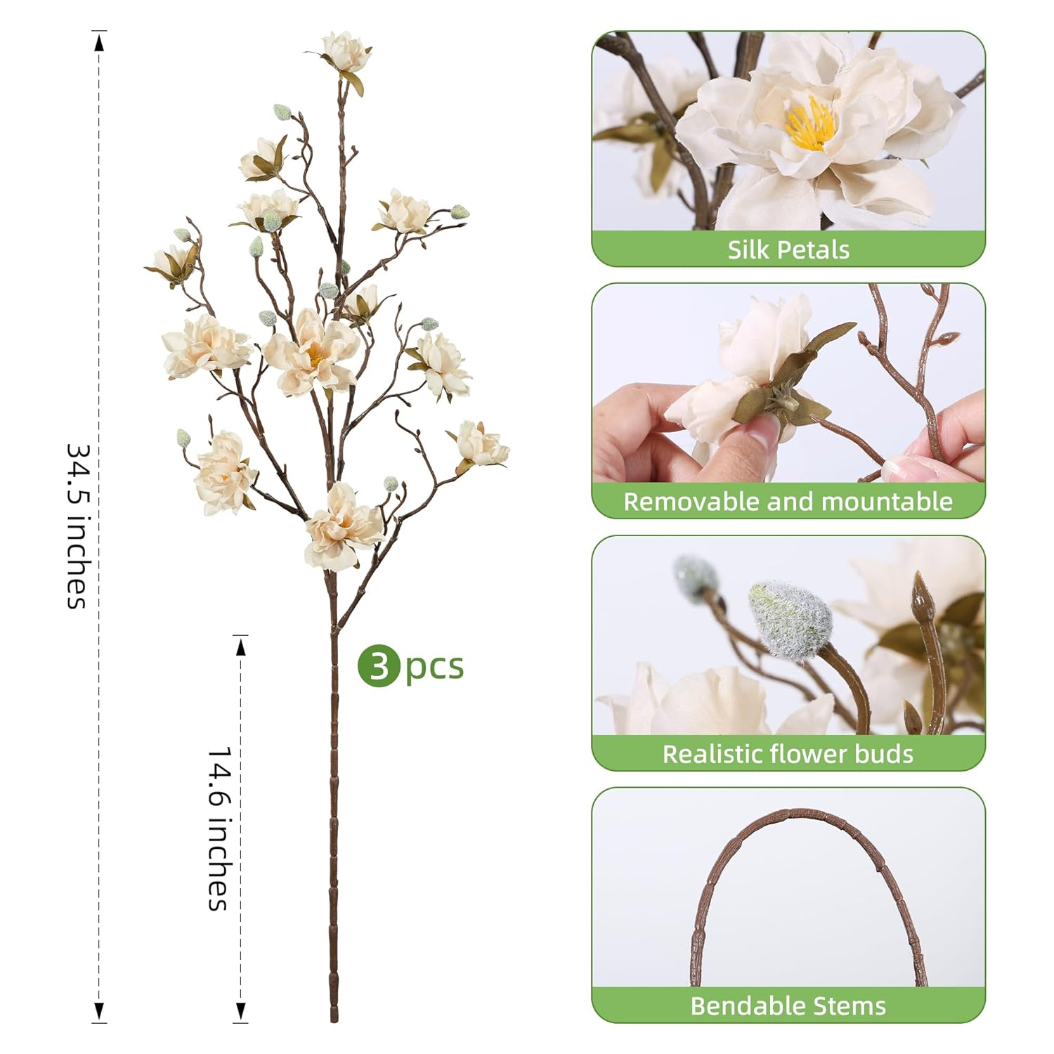 3Pcs Artificial Magnolia Flowers Stems For Spring Decoration, Faux Champagne Magnolia Branches With Buds, 34.5" Long Stems Floral Arrangement For Vase Pot Table Centerpiece Indoor Decor