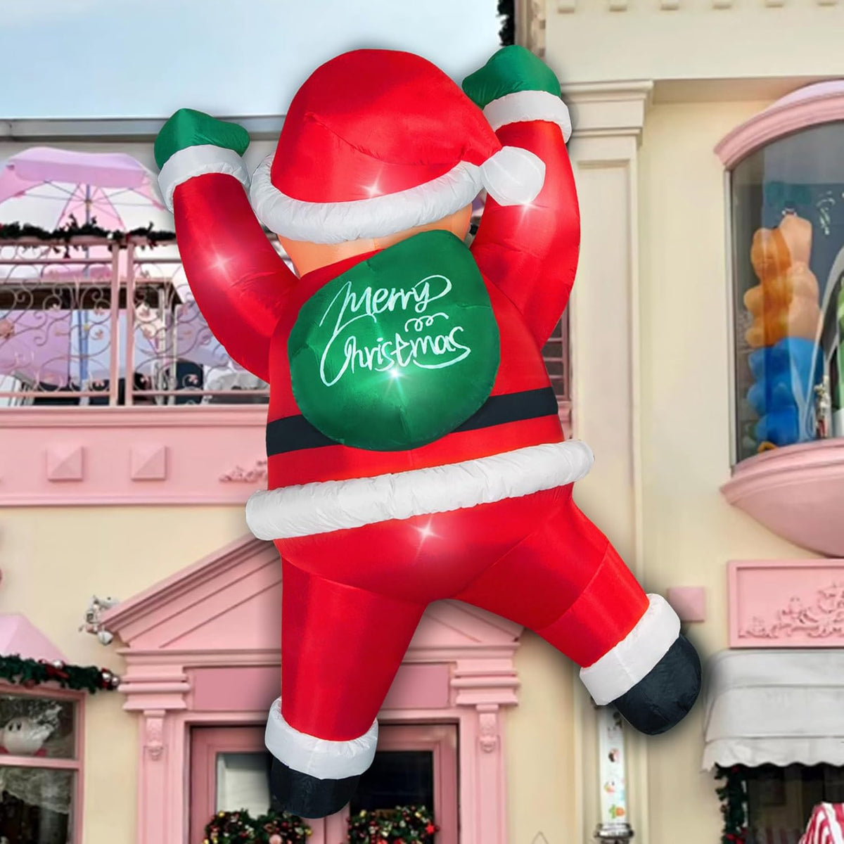 6Ft Christmas Inflatables Outdoor Decorations Joy Hanging Santa Claus Gift Bag, Bright Led Lights Blow Up Giant Christma