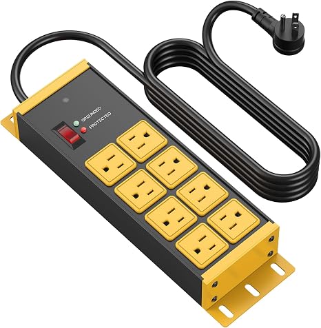 Magnetic Heavy Duty Yellow Power Strip with 8 Outlets and 6FT Cord for Garage and Workshop