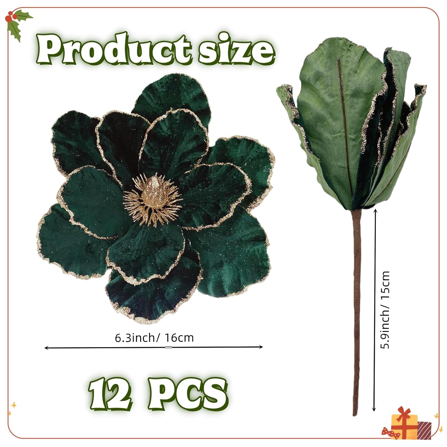 12 Pcs Christmas Velvet Poinsettia Flowers Ornaments, Glitter Artificial Magnolia For Xmas Tree Decorations (Dark Green, 8.8 Inch)