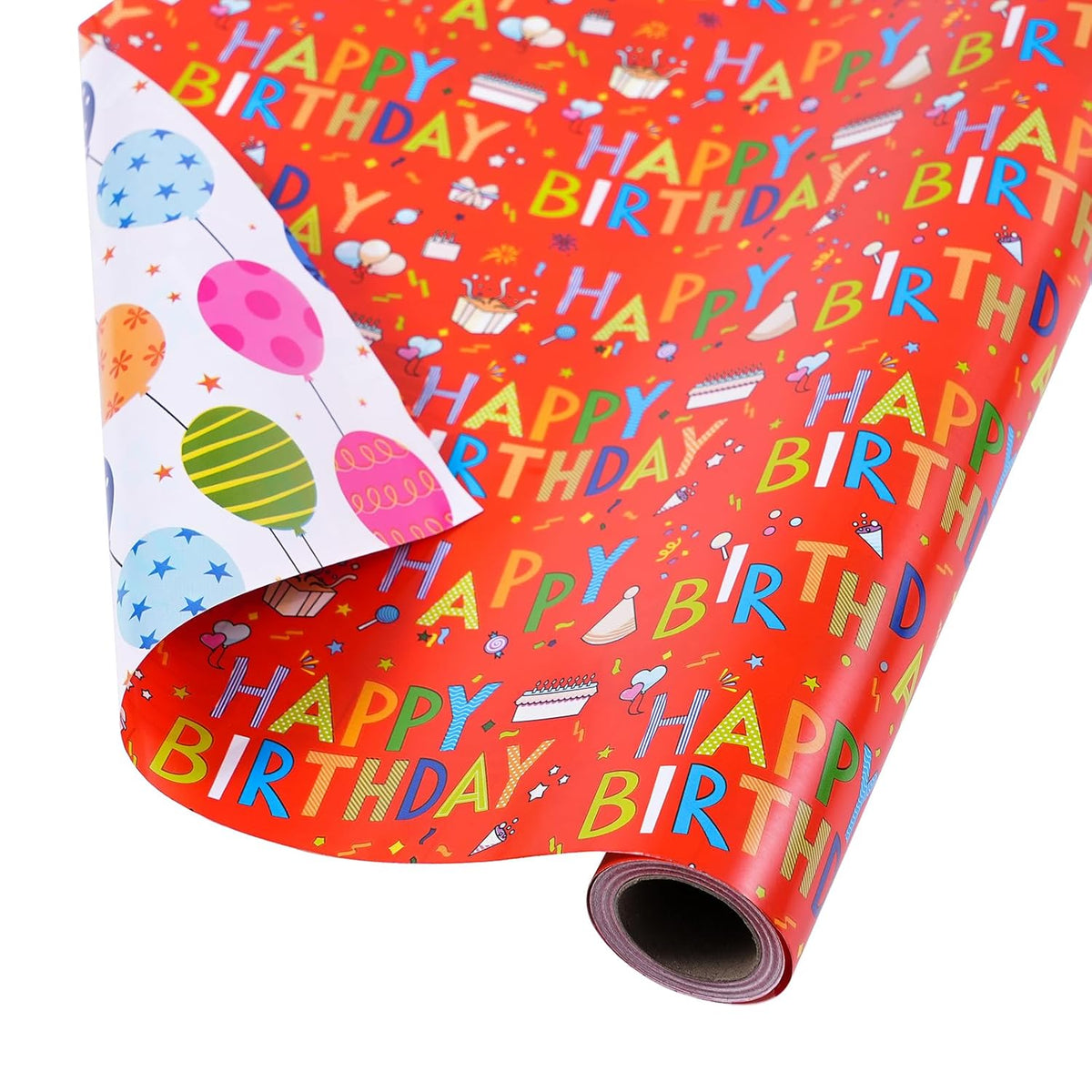 Reversible Birthday Wrapping Paper - Mini Roll - 17 Inches X 33 Feet - For Boys Girls Kids - Happy Birthday Lettering And Colorful Balloons Design For Women Men Baby Shower Holiday