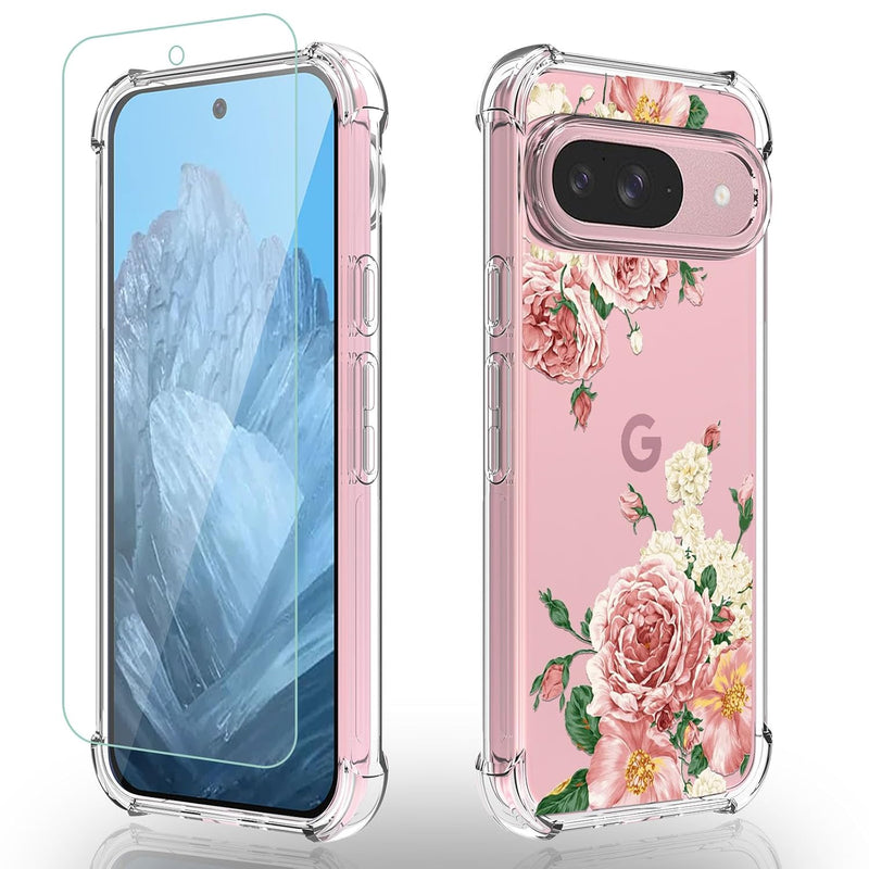 Pixel 9 Case for Women - Floral TPU Cover w/ Screen Protector, Big Rose Design