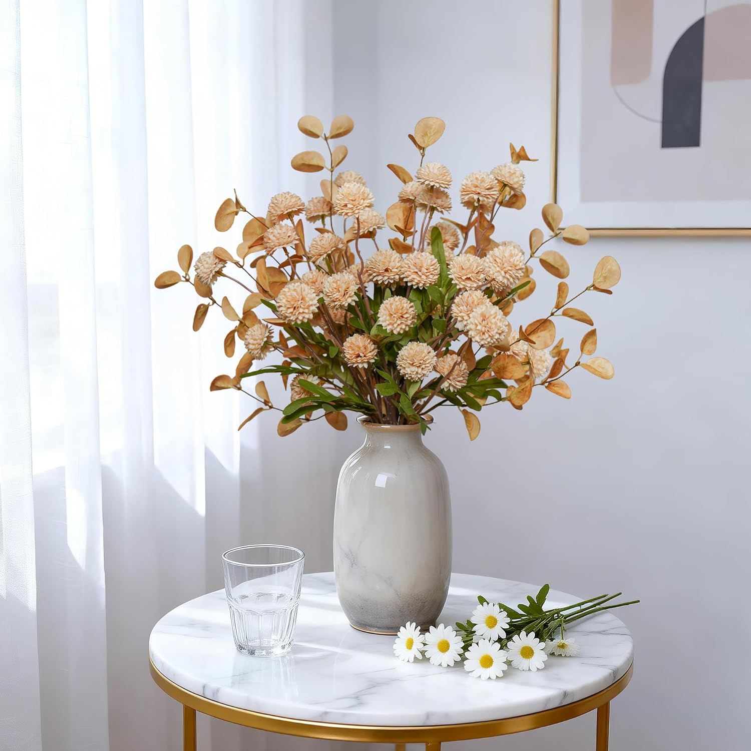Flowers Artificial For Decoration,12Pc Silk Fake Mums + Eucalyptus Stems Adjustable Artificial Flowers Indoor Faux Dried Flowers For Vase Fillers Floral Arrangements Flower Centerpieces For Tables.
