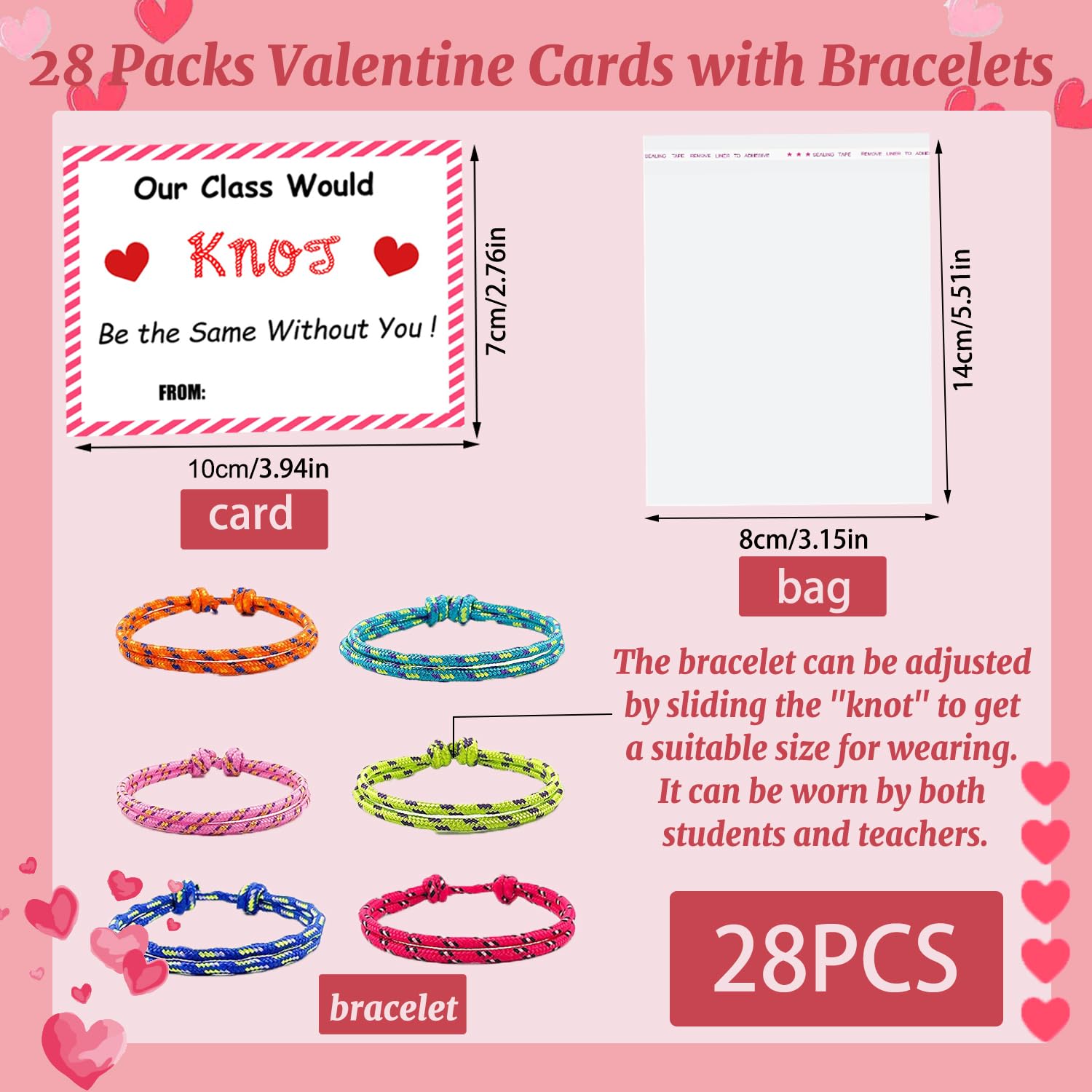 28Pcs Valentines Friendship Bracelets With Card And Bag, Valentines Knot Bracelets For Students From Teacher, Classroom Valentine Exchange Gifts For Kids Students School Party Favors