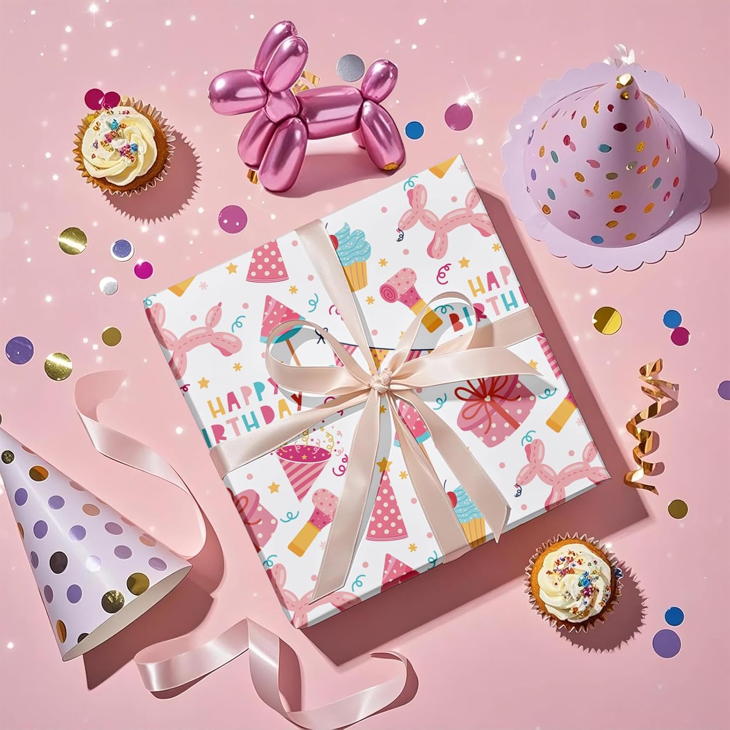 Birthday Wrapping Paper Roll For Girls, Mini Roll, Pink Balloon Dog, Gift Box And Party Hat Design Gift Wrap With Happy Birthday Text For Kids' Party Celebrations, 17 Inches X 16.4 Feet