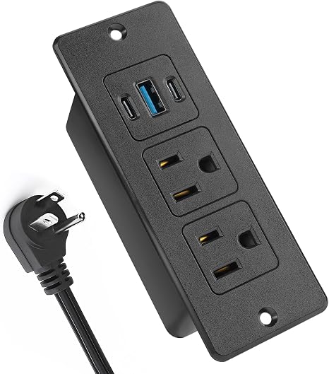 Recessed Furniture Power Strip Flush Mount Desk Outlet with 20W USB-C and 6 ft Cord