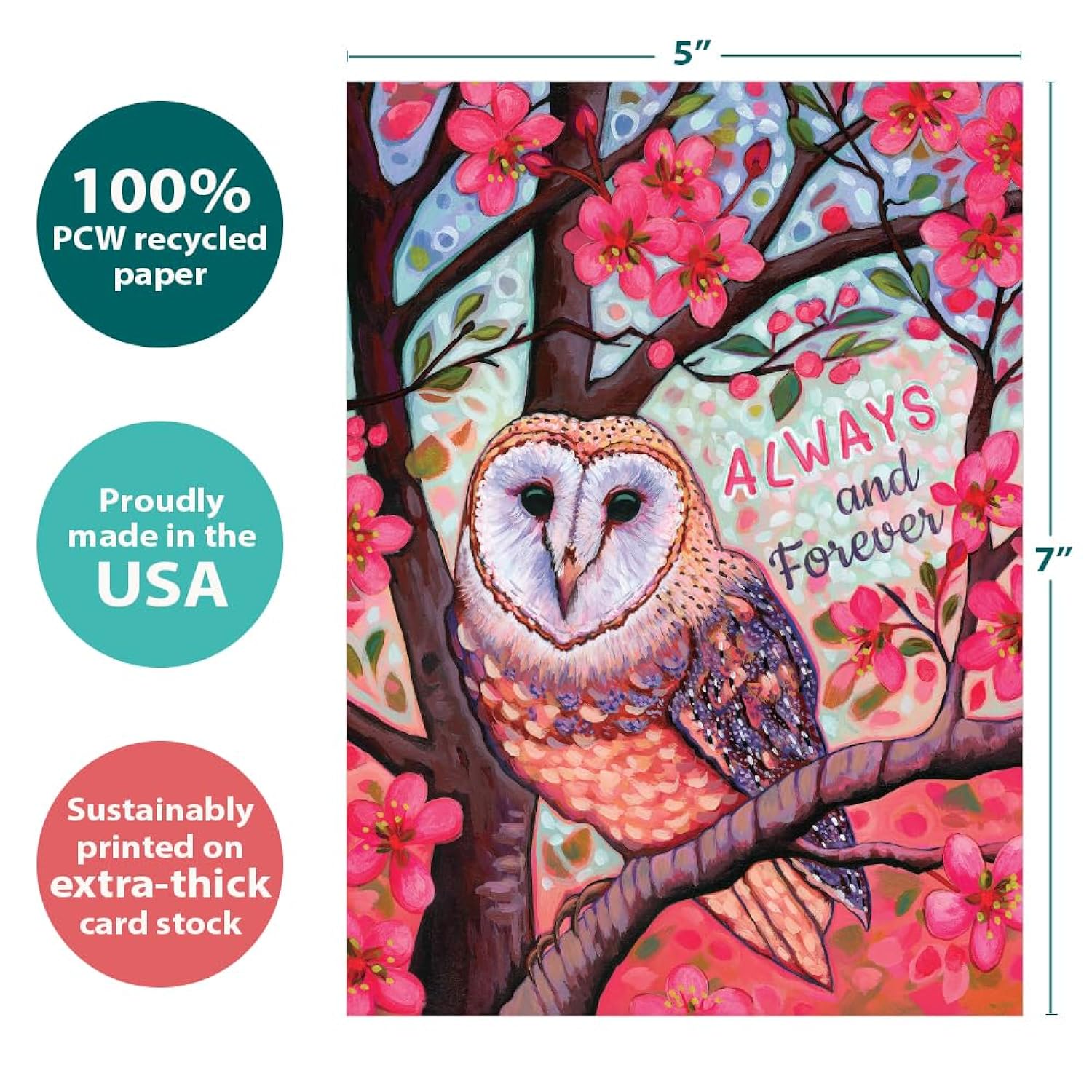 Tree-Free Greetings - Valentine's Day Greeting Card - Artful Designs - 1 Card + Matching Envelope - Made in USA - 100% Recycled Paper - 5 x 7 - Owl Ways and Forever (GO64325)