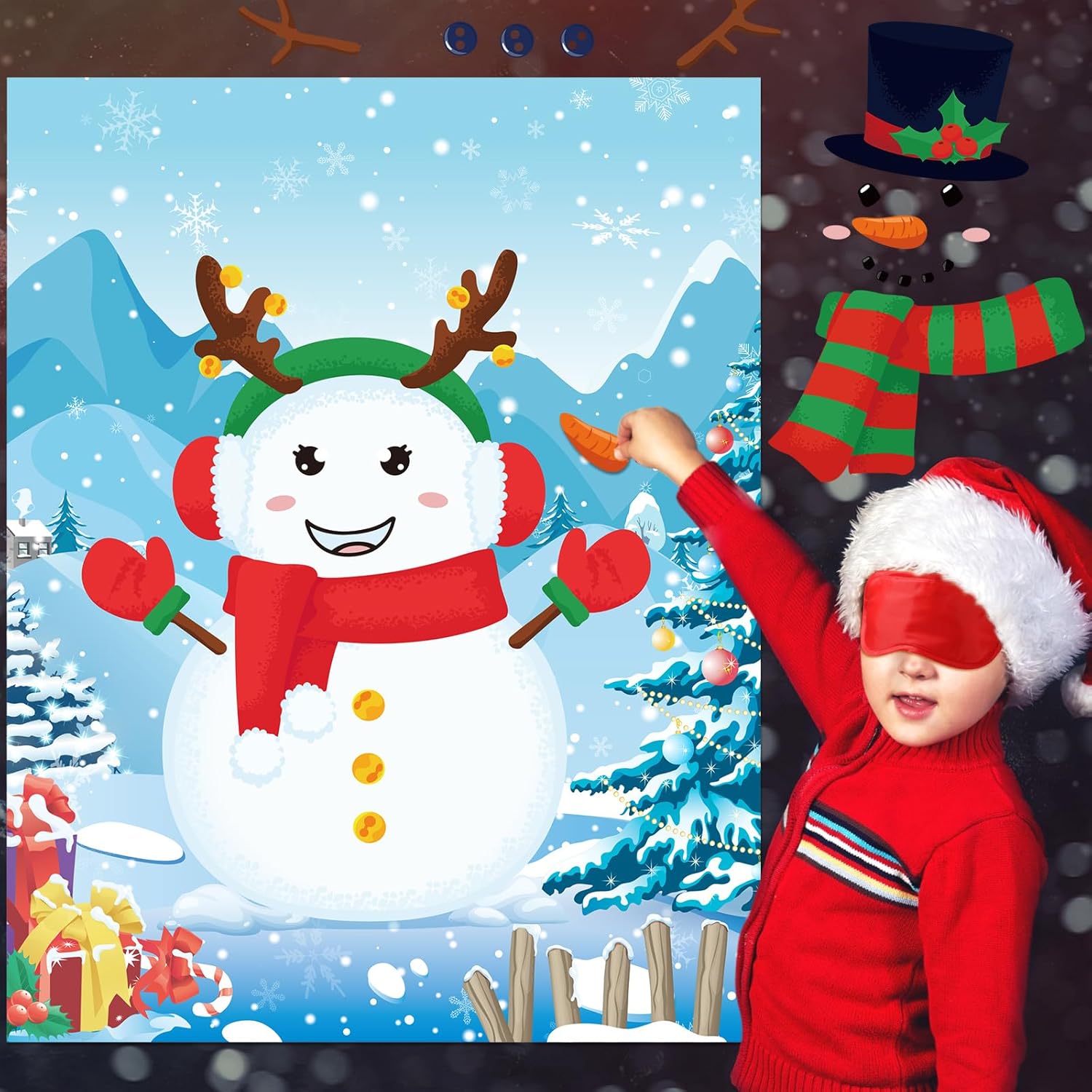 Christmas Pin Games Reusable Pin The Nose On Snowman Game Set Include 2 Diy Snowman 1 Xmas Poster 24 Carrot Nose Stickers 2 Blindfold For Winter Holiday Party Game Activities Supplies