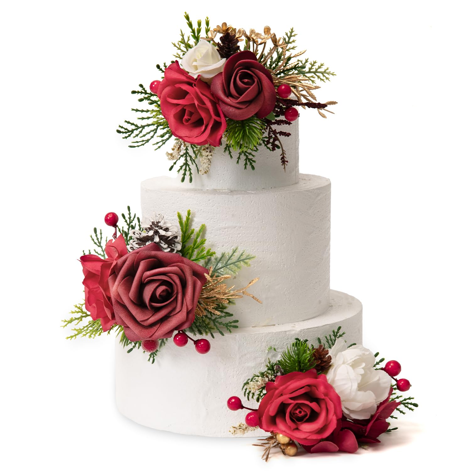 3Pcs Pre-Made Cake Toppers?Wedding Artificial Flowers Decor, Cake Decorations For Weddings, Birthdays, Party,Baby Shower,Celebration(Burgundy)