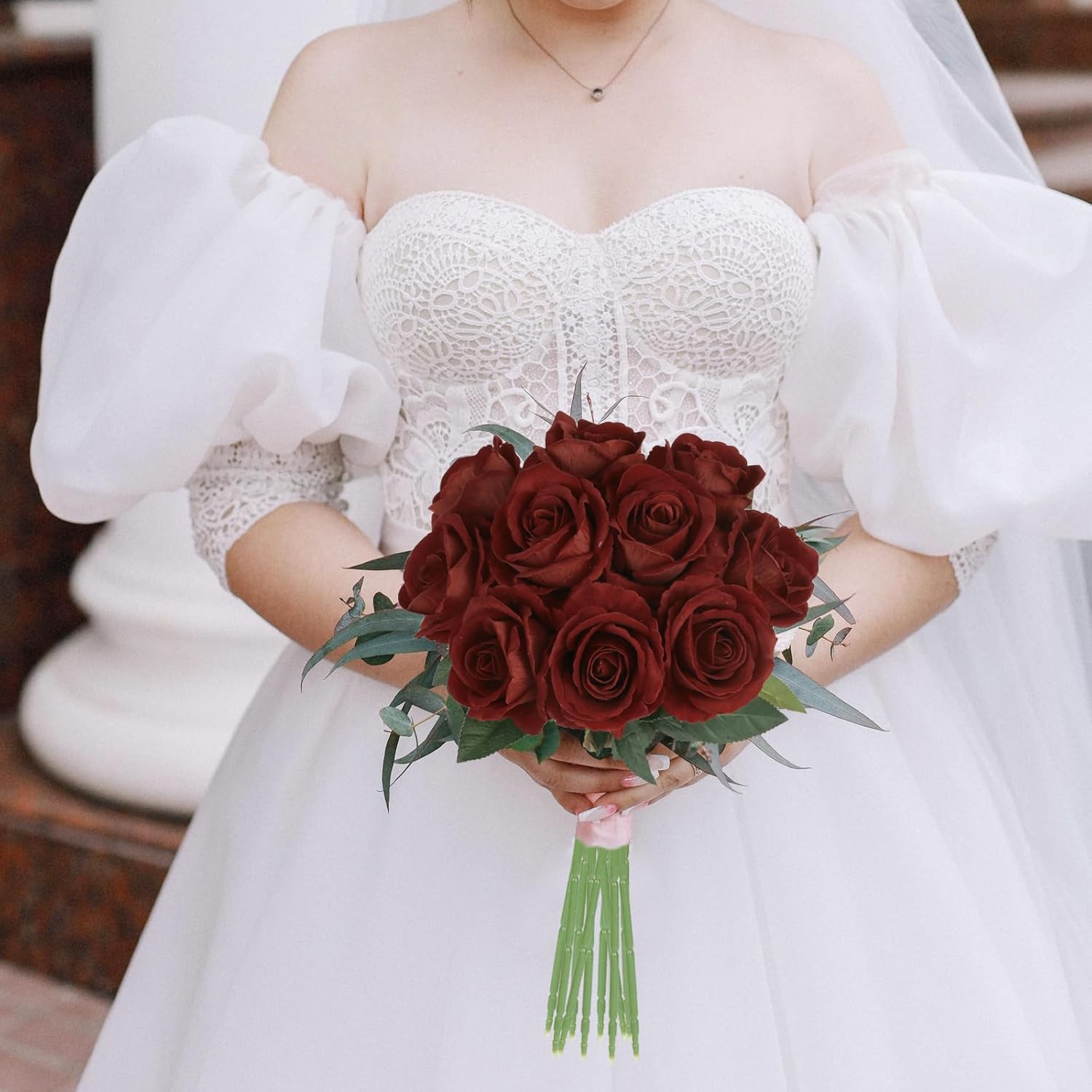 Burgundy Roses Artificial Flowers,10Pcs Real Touch Fake Velvet Roses 19.7" Faux Roses With Stems For Diy Wedding Bouquet Valentine'S Day Party Home Decoration (Burgundy)
