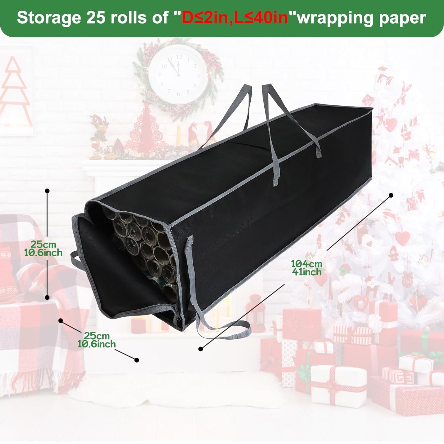 Large Wrapping Paper Storage Bag – 41" Christmas Gift Wrap Organizer With Reinforced Handles, Holds 25 Rolls – Black & Gray Two-Tone Design, Dustproof & Stain-Resistant For Wrap Paper Storage