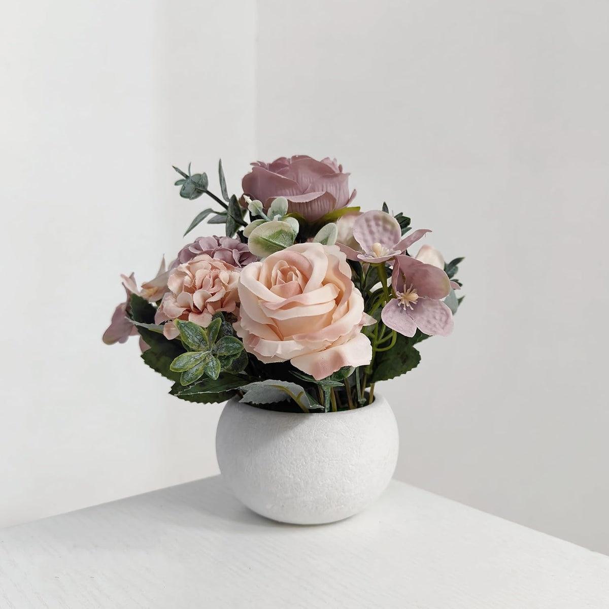 Artificial Flower Mini Potted Plant Set, Purple Peony Hydrangea Greenery + Papier Mâché Round Vase, Small Fake Plant Pot Decoration For Office, Bedroom, Living Room