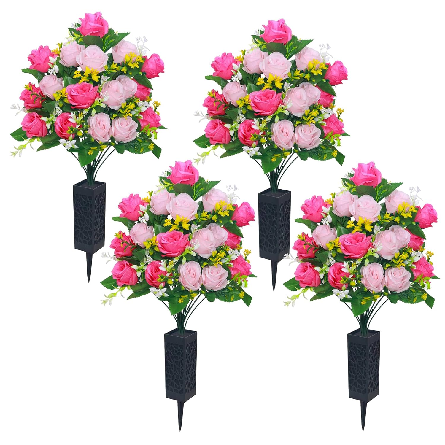 4 Sets Artificial Cemetery Flowers, Memorial Flowers Bouquet With Cemetery Vase,Artificial Rose Bouquet Graveyard Memorial Flowers For Graveyard Headstones Decoration (4, Powder Red)