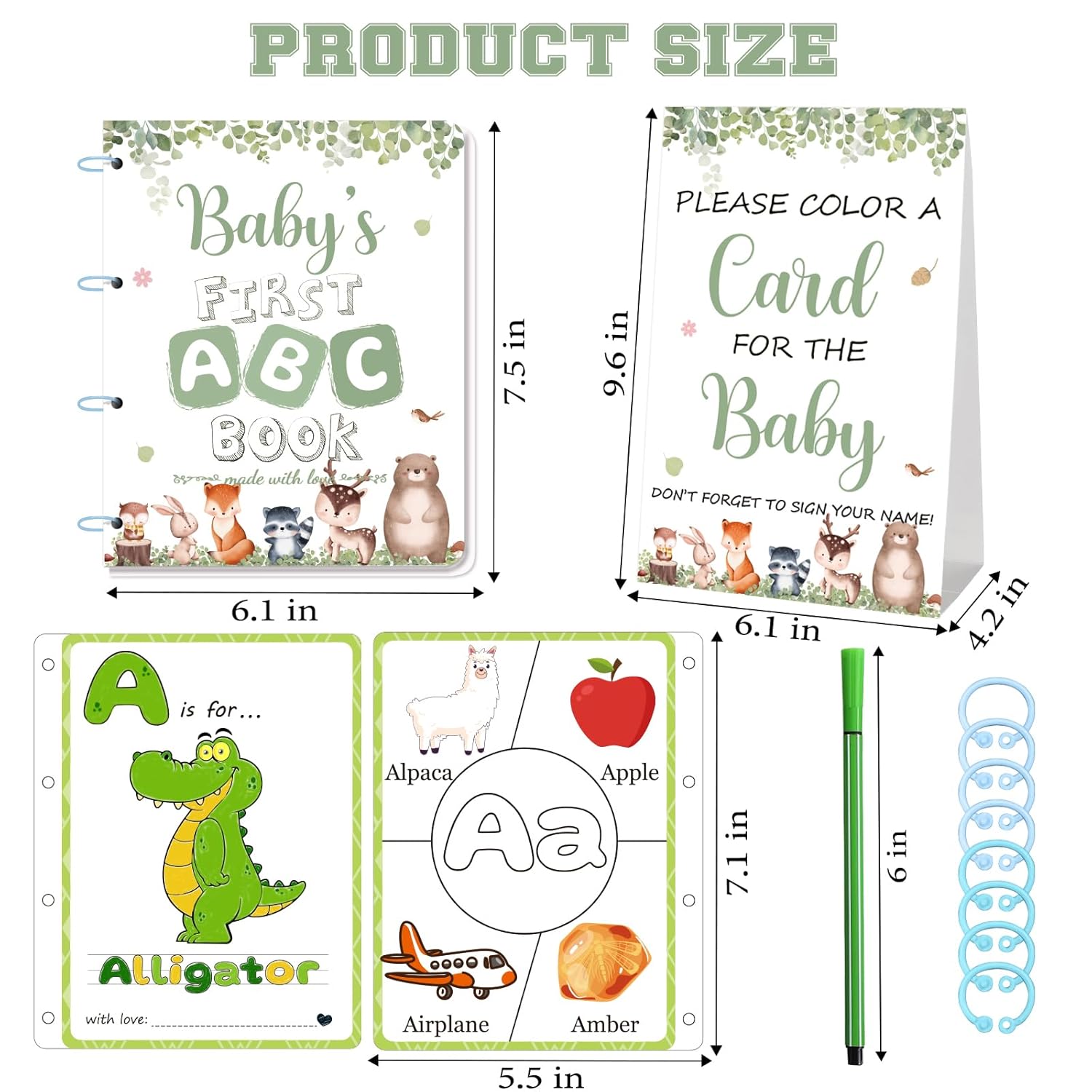 Baby’S First Abc Book Baby Shower Activity & Guest Book Alternative, Alphabet Coloring Book Keepsake Game With 24 Watercolor Pens, Woodland Animal Theme For Baby Shower Or Sprinkle