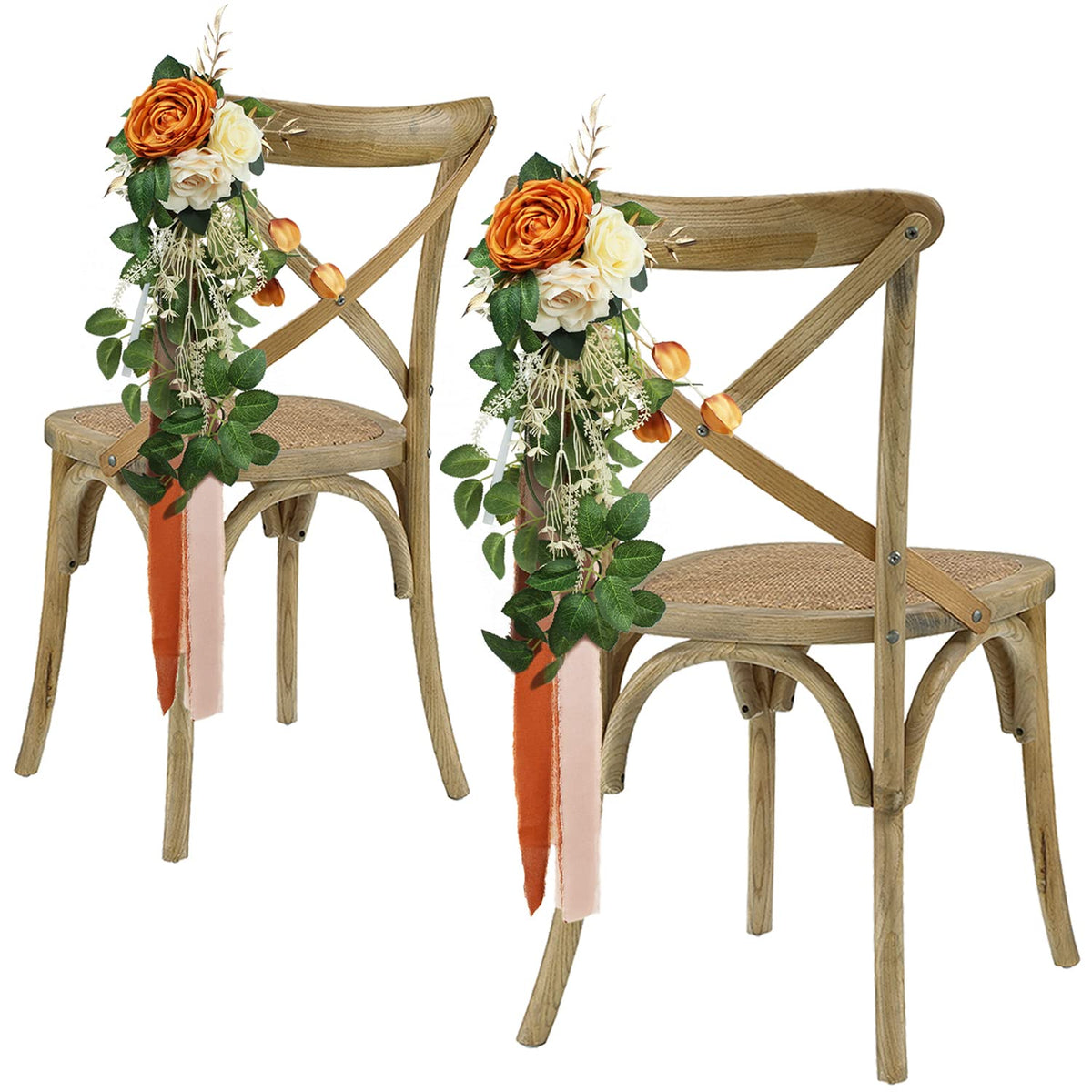 6Pcs Wedding Aisle Decorations Church Chair Bench Flowers For Wedding Ceremony Decor Burnt Orange Artificial Flowers Wedding Chair Decor