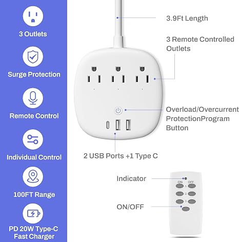 Remote Control Power Strip 3 Independent Outlets 3 USB Ports
