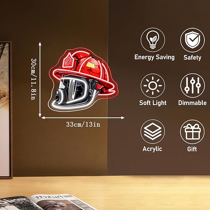 Firefighting Helmet Neon Sign Pop Art LED Wall Light Dimmable USB Powered Man Cave Hero Decor 12.9 x 11.8 Inch