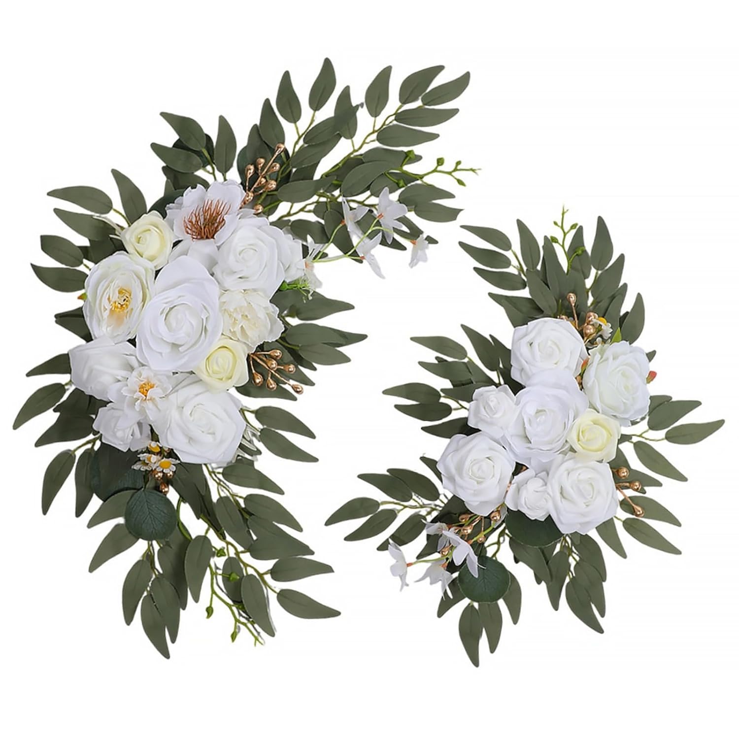 White Artificial Rose Flower Swag (Set Of 2) Floral Swag Flower Arrangement Wedding Arch Welcome Sign Ceremony Anniversary Birthday Party Bridal Shower Backdrop Home Decoration White