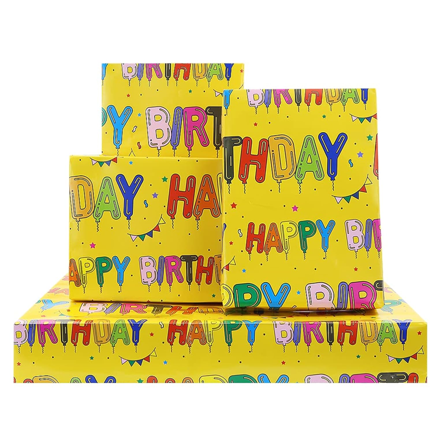 Yellow Happy Birthday Wrapping Paper Set Of 6 Sheets Folded Flat 20X28 Inches Per Sheet For Kids Girls Boys Men Women, Bright Color Happy Birthday Letter Like Balloons With Stars And Flags For All Birthday Occassions